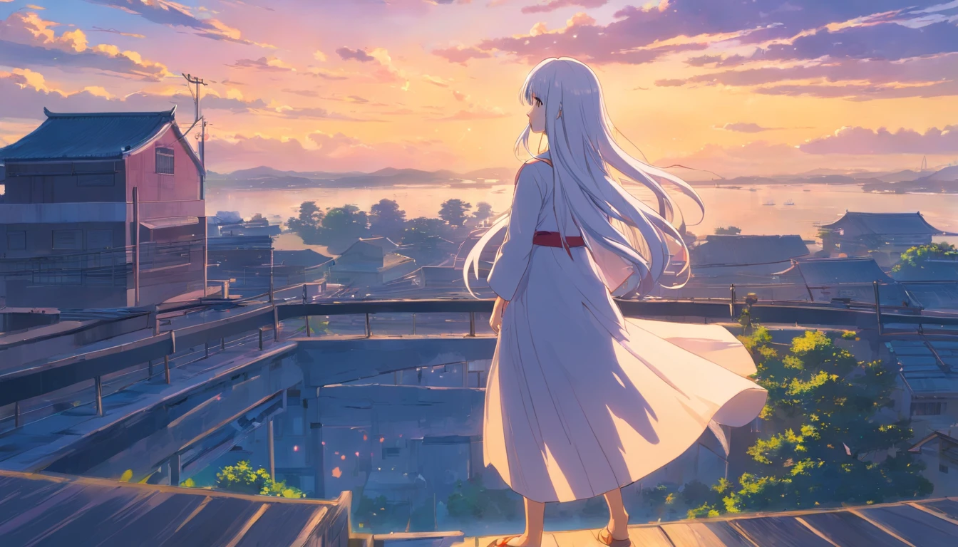 Chinese ink style，Hyper-detailing，comic strip，China-style，pupils，school ground，starrysky，highly detailed surreal vfx，Smudge，Faraway view，super-fine，ultra - detailed，high quality，8K ，1girl with very long white hair standing alone