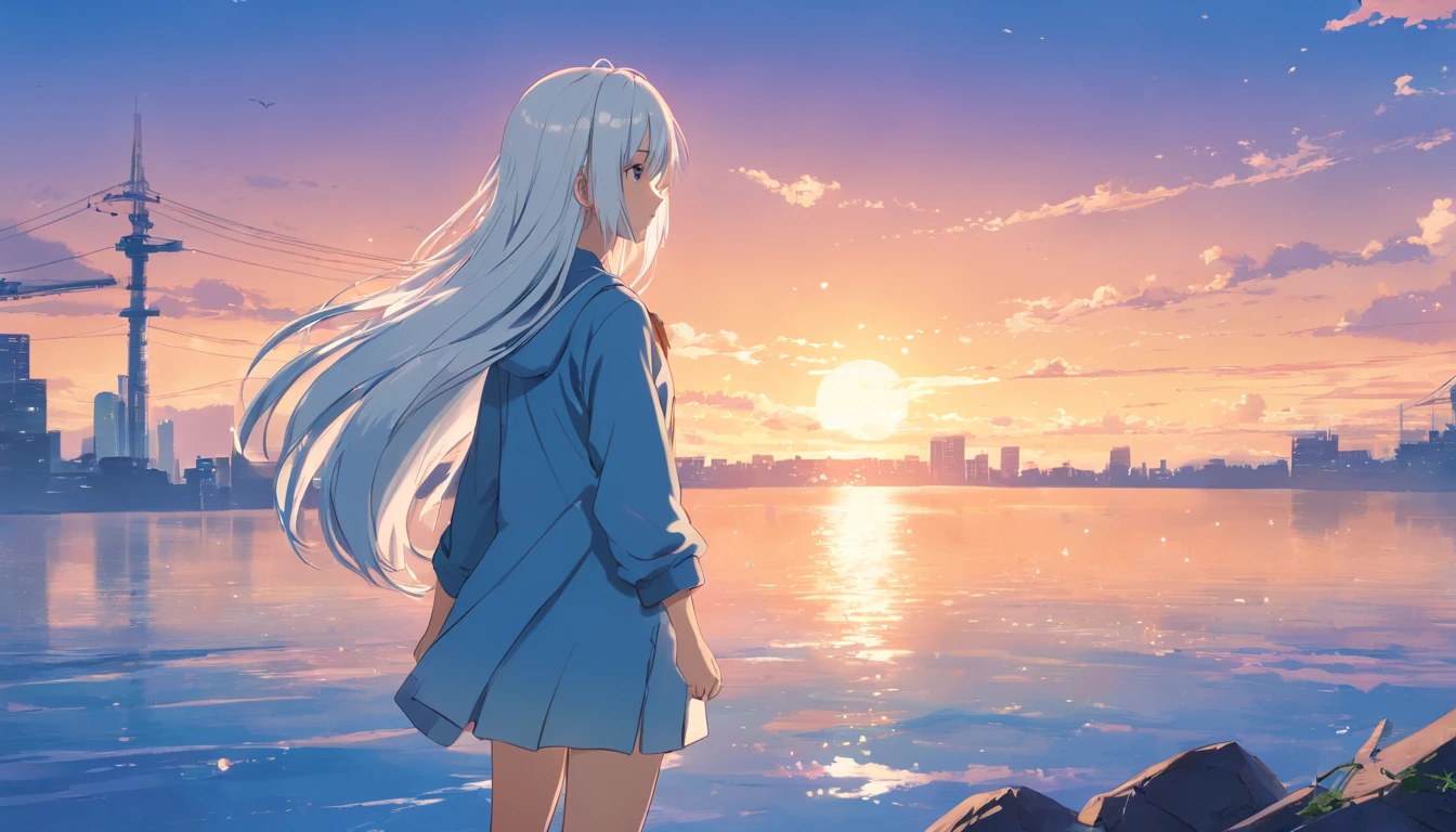 Chinese ink style，Hyper-detailing，comic strip，China-style，pupils，school ground，starrysky，highly detailed surreal vfx，Smudge，Faraway view，super-fine，ultra - detailed，high quality，8K ，1girl with very long white hair standing alone