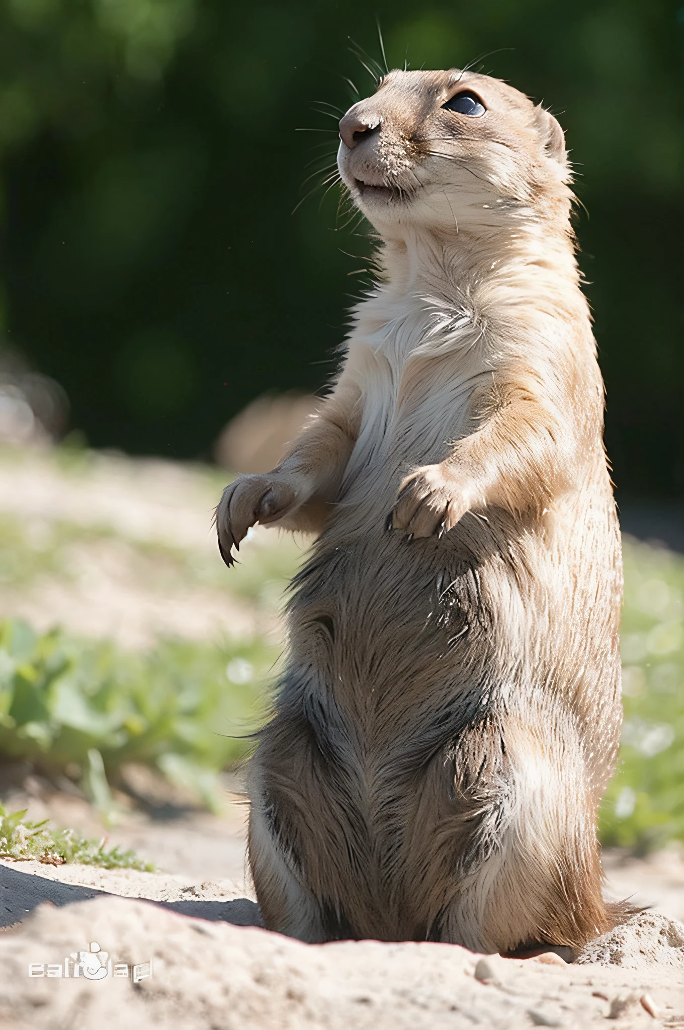 There is a small creature standing on its hind legs, on his hind legs, Black-tailed marmot, backpfeifengesicht, smug look, in a fighting stance, , doing a sassy pose, striking a pose, full body close-up shot, looking smug, triumphant pose, long weasel, majestic pose, Waving, doing an elegant pose, profile posing
