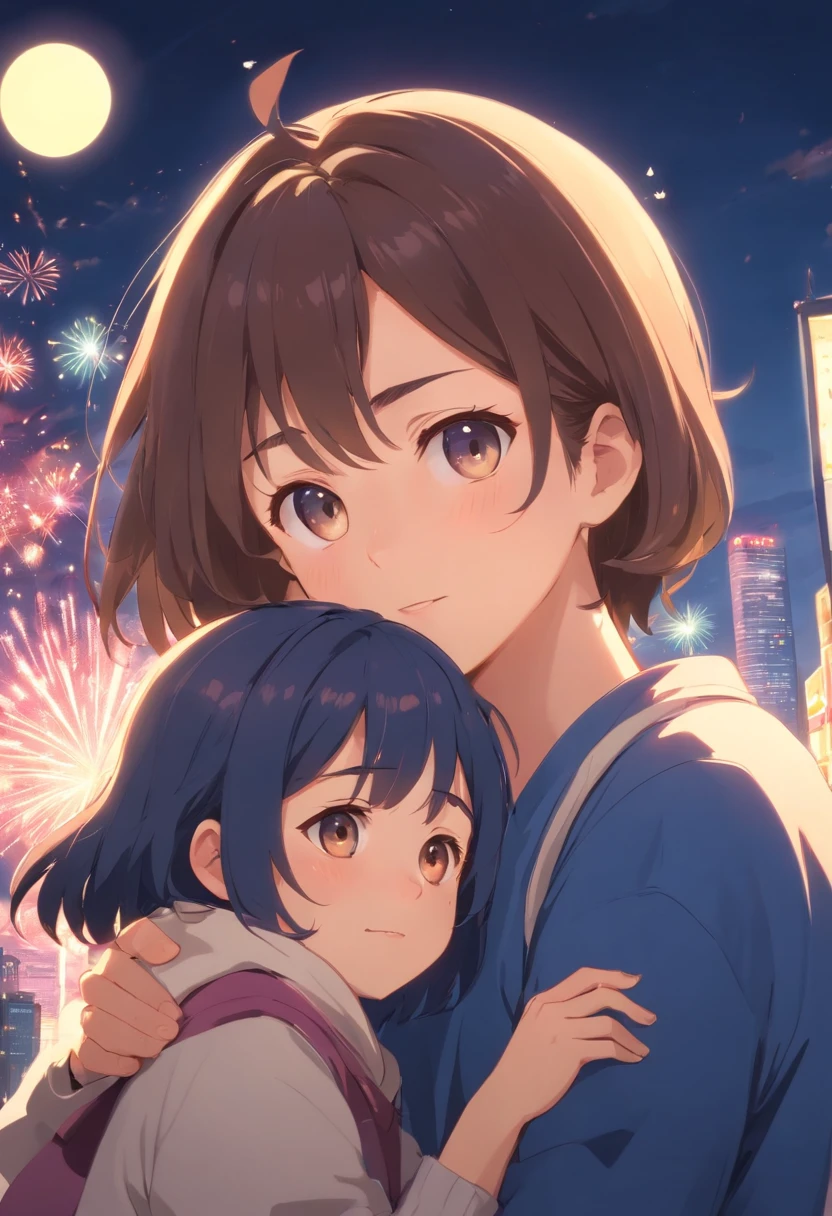 the night,Colorful,Fireworks all over the sky,Heart-shaped bubbles,Child couple,comic strip,Chubby and little boy ch other,Glowing fireflies fly around,,pretty and cute,Kids Illustration,glow effect,dingdall effect,depth of fields,highlight,Real Light,Ray traching,OC rendering,Hyper-realistic,best qualtiy,8K,Works of masters,super-fine,Detailed pubic hair,Correct anatomy,sharp focus on eyes,The structure of the face is rational,Facial features are carefully drawn