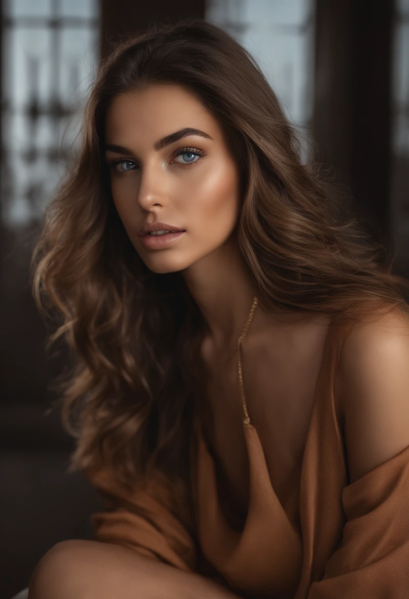 Arafed woman completely , fille sexy aux yeux bleus, cheveux bruns, ultra realist, Meticulously detailed, Visage de face et bien visible, Buste visible et moyennement large, Portrait Sophie Mudd, cheveux bruns et grands yeux, selfie of a young woman, Dubai Eyes, Violet Myers, sans maquillage, maquillage naturel, looking straight at camera, Visage avec Artgram, Maquillage subtil