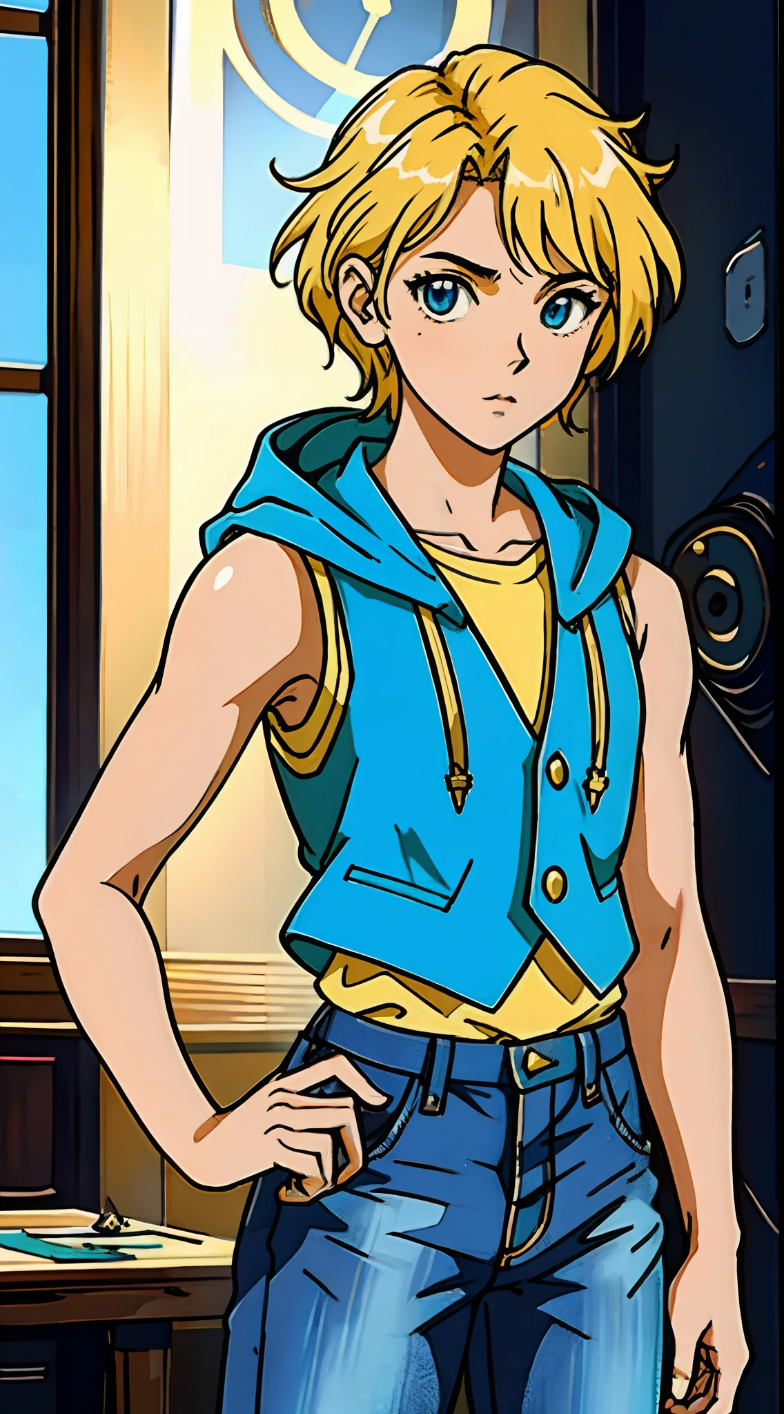 An 11-year-old boy with golden hair, Center-parted hairstyle, a cunning gaze, a slender figure, a fantasy-realistic style blue sleeveless vest with a hood, a yellow-green undershirt, blue jeans, Within a medieval town of fantasy style, this character embodies a finely crafted child with a fantasy-realistic style in anime style, characterized by an exquisite and mature manga illustration art style, full body character drawing, high definition, best quality, highres, ultra-detailed, ultra-fine painting, extremely delicate, professional, anatomically correct, symmetrical face, extremely detailed eyes and face, high quality eyes, creativity, RAW photo, UHD, 8k, Natural light, cinematic lighting, masterpiece-anatomy-perfect, masterpiece:1.5