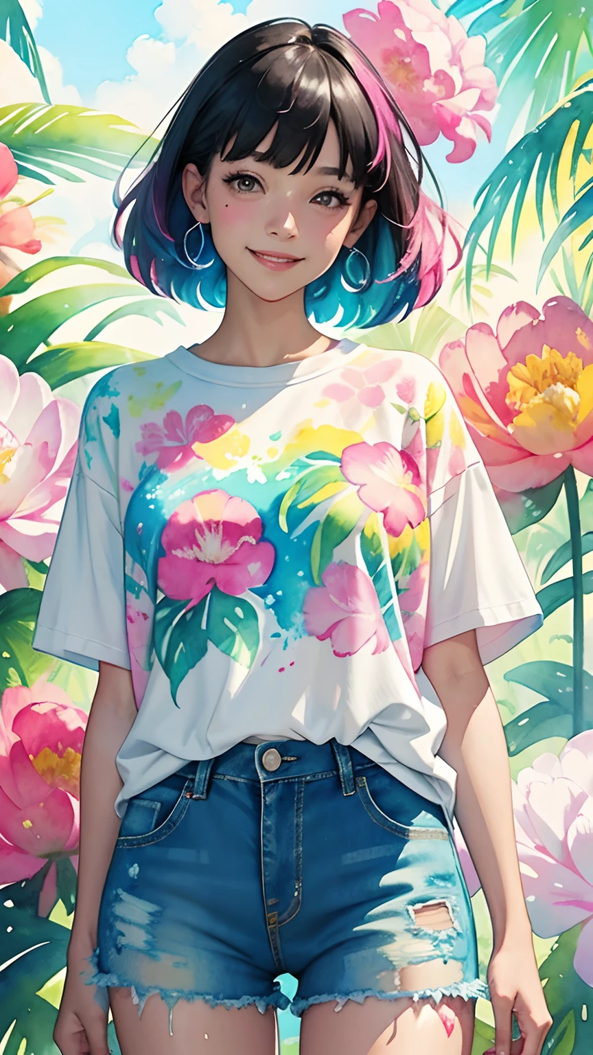 a tropical painting with a splatter background and spray paint effect, peony flowers design t-shirt and jean shorts, woman upper body centered, multi-color hair, big happy smile, watercolor art, watercolor painting, watercolor painting style, watercolor detailed art, watercolor digital painting, watercolor paint, masterfully detailed watercolor, watercolor art