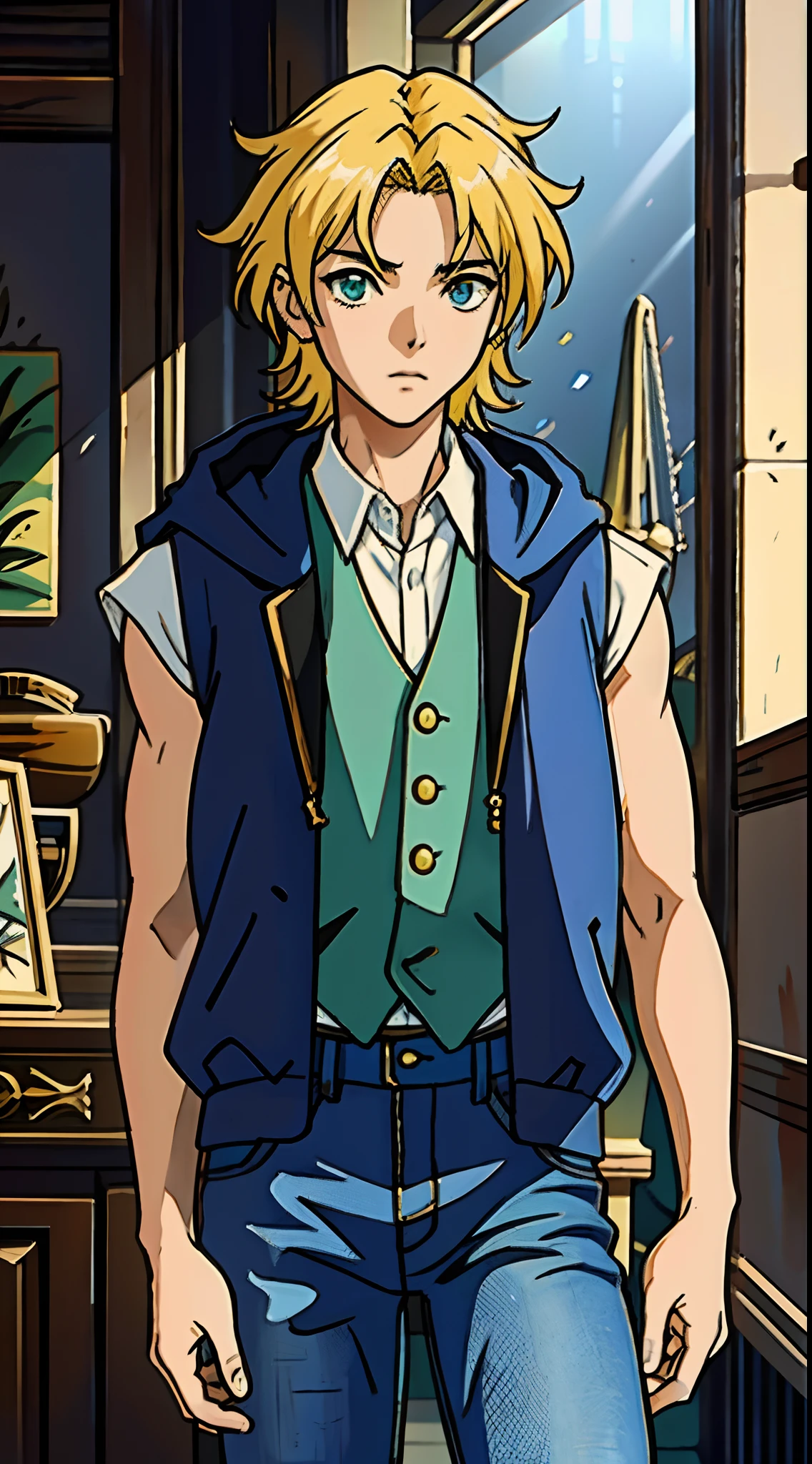 An 11-year-old boy with golden hair, Center-parted hairstyle, a cunning gaze, a slender figure, a fantasy-realistic style blue sleeveless vest with a hood, a yellow-green undershirt, blue jeans, Within a medieval town of fantasy style, this character embodies a finely crafted child with a fantasy-realistic style in anime style, characterized by an exquisite and mature manga illustration art style, full body character drawing, high definition, best quality, highres, ultra-detailed, ultra-fine painting, extremely delicate, professional, anatomically correct, symmetrical face, extremely detailed eyes and face, high quality eyes, creativity, RAW photo, UHD, 8k, Natural light, cinematic lighting, masterpiece-anatomy-perfect, masterpiece:1.5