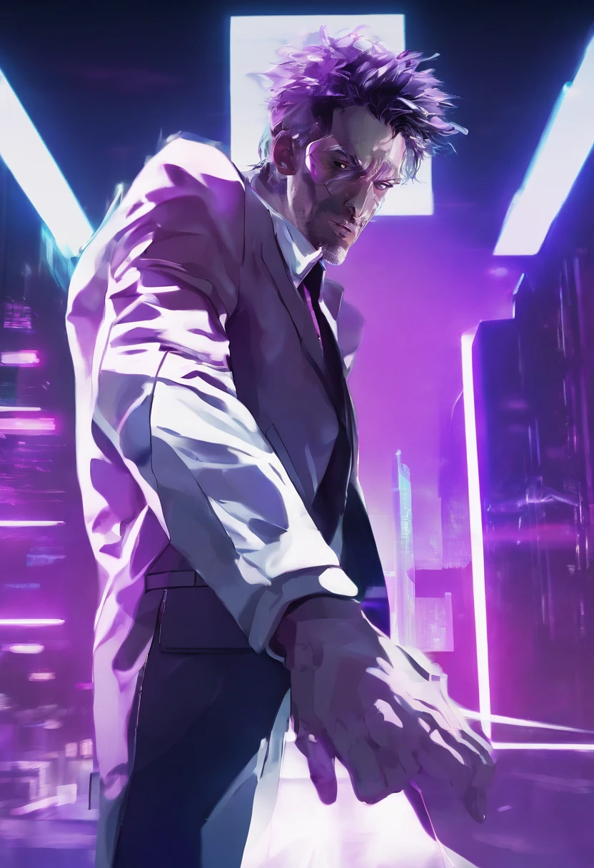 ((Skinny, lanky, normal, mid-30s, unshaven, white, ((American, pale skin, english)), male, businessman wearing a basic suit and tie, nose ring, tired, unhappy)), cowboy shot, (black short shaggy hair with purple highlights), ((office background)), (highly detailed photo realistic), sharp focus, ultra high quality, vibrant, masterpiece, (cinematic lighting), ((male))