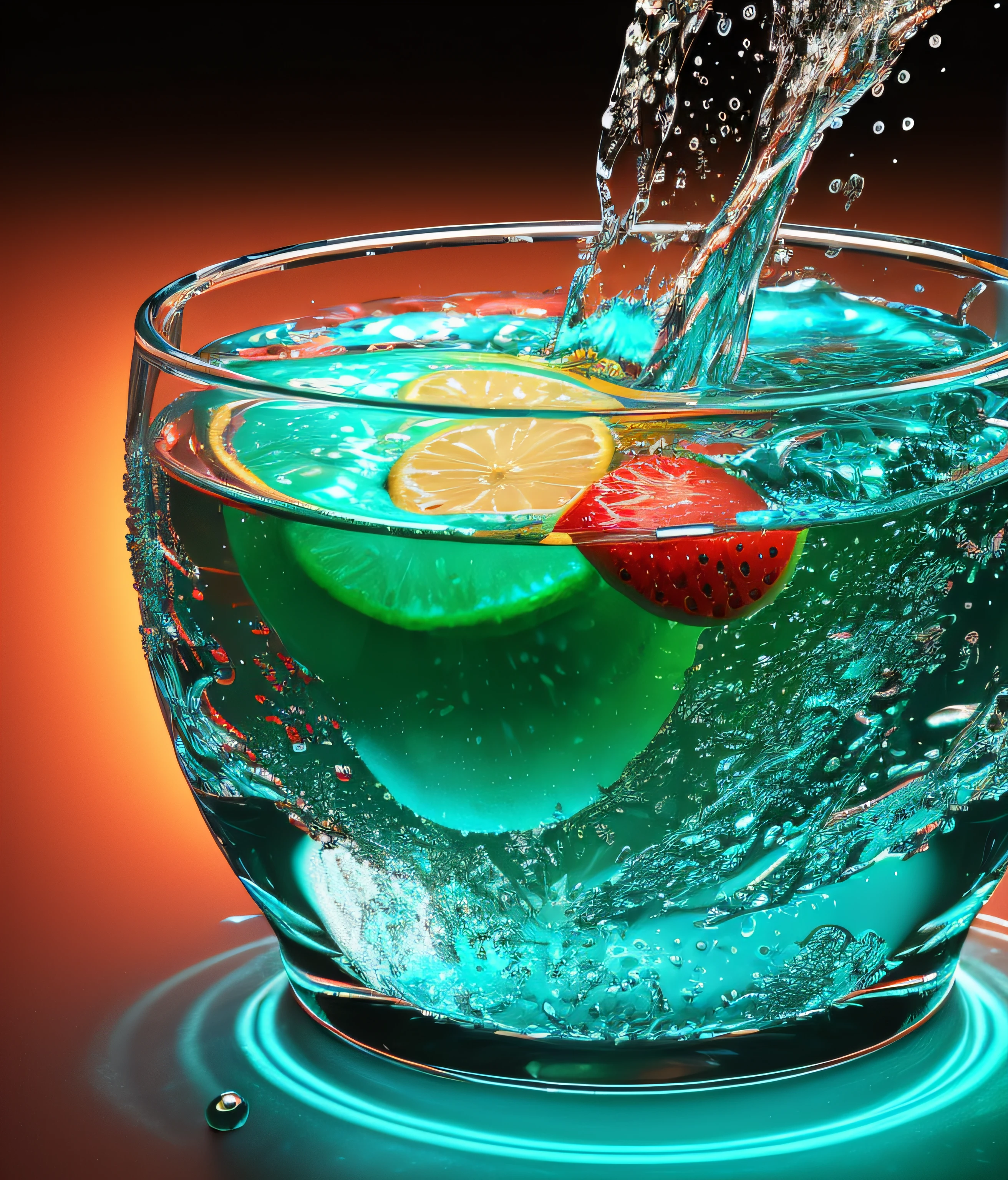 LIQUID SPLASH, ESTILO BEEPLE 3D, 8 mil, 32 mil, HDR, Realistic, splashes of liquids, dramatic lighting. 8k, altamente detalhado, Artstation on trend, Slpash, Beautiful, water,Ondas, Fruit, Glass, vermelho e verde