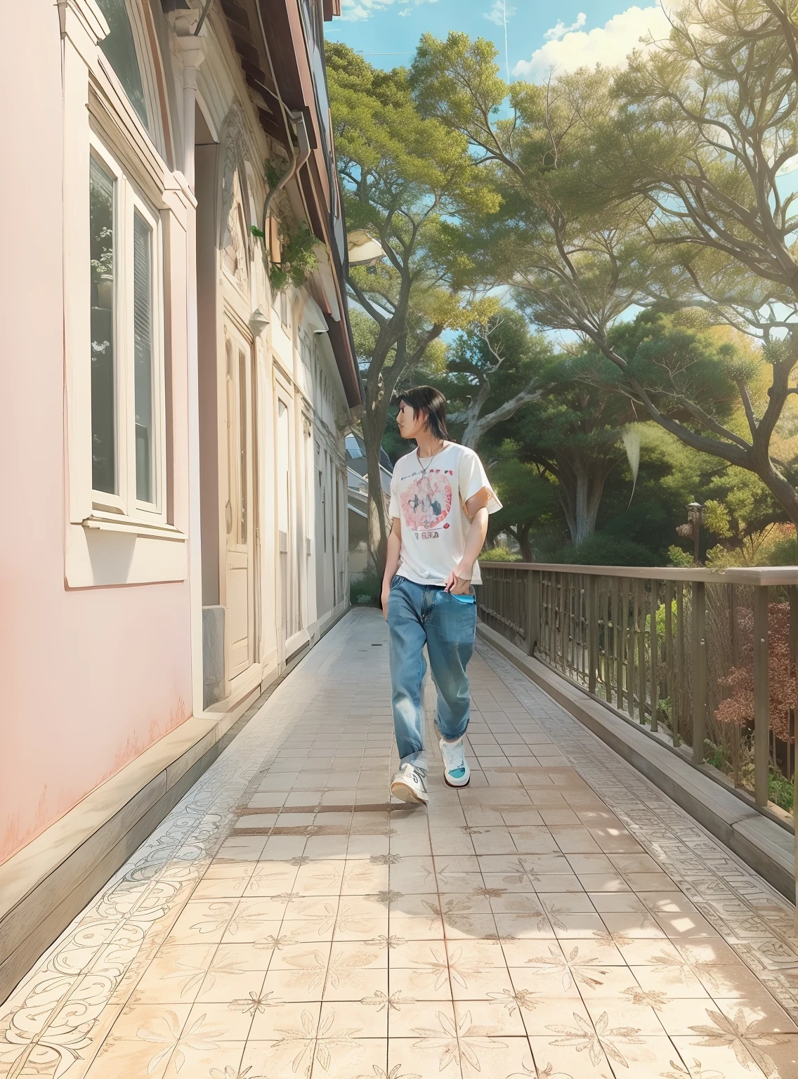 A Anime style draw of a boy walking in a vintage tile ground with a 1800s vintage European light pink house, the boy is wearing white t-shirt with vintage jeans and a gray nike dunk sneaker, the background is a magical garden tree with blue sky and golden sun, beautiful image, beautiful anime, perfect anime scene, aesthetic anime scene, studio Ghibli style.