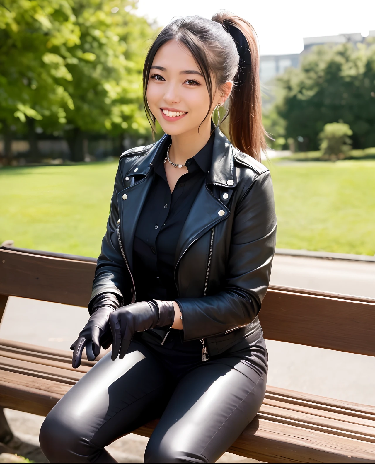 Japanese young cute smiling female secretary, black leather rider's jacket, black leather shirt, black leather skinny pants, black leather long boots, wearing black leather gloves in both hands, 8K, sitting on a summer park bench in the early afternoon, ((with both hands of black leather gloves)), smilingly operate the tablet, necklace, earrings, rider gloves next to it, black leather gloves on both hands, black hair ponytail