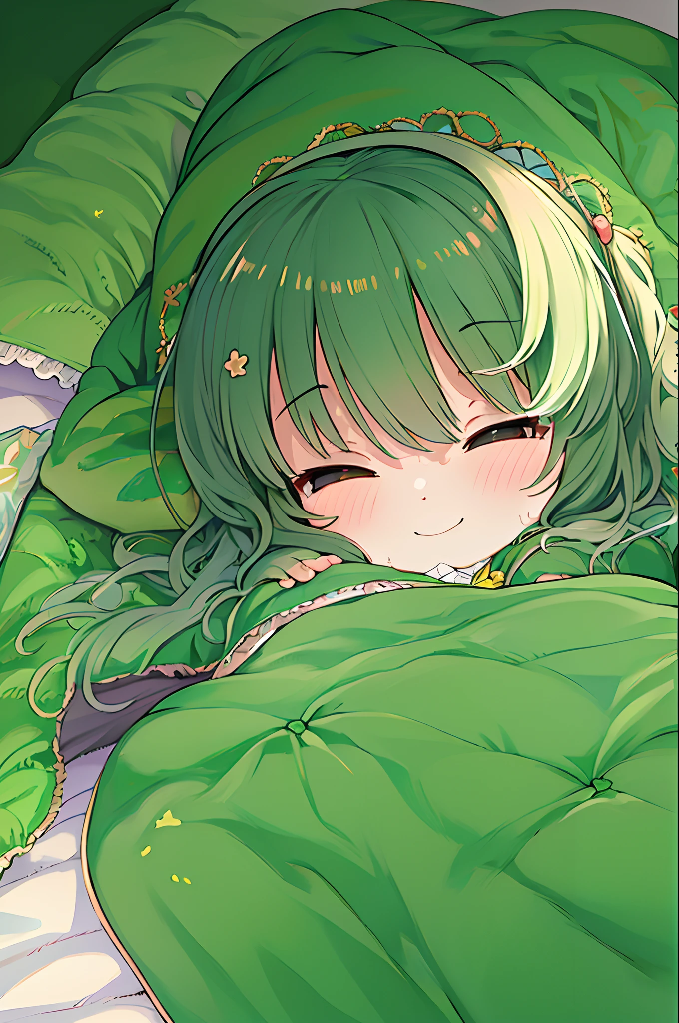 Anime girl lying on bed with green sheets and green blanket, Cute anime girl, cute kawaii girl, Cute Anime, extremely cute anime girl face, Anime visuals of cute girls, Cute anime face, (Anime Girl), Lying in bed, sleepy expression, little shy smile, small curvy , waking up, lyin in bed, portrait of cute anime girlbabes