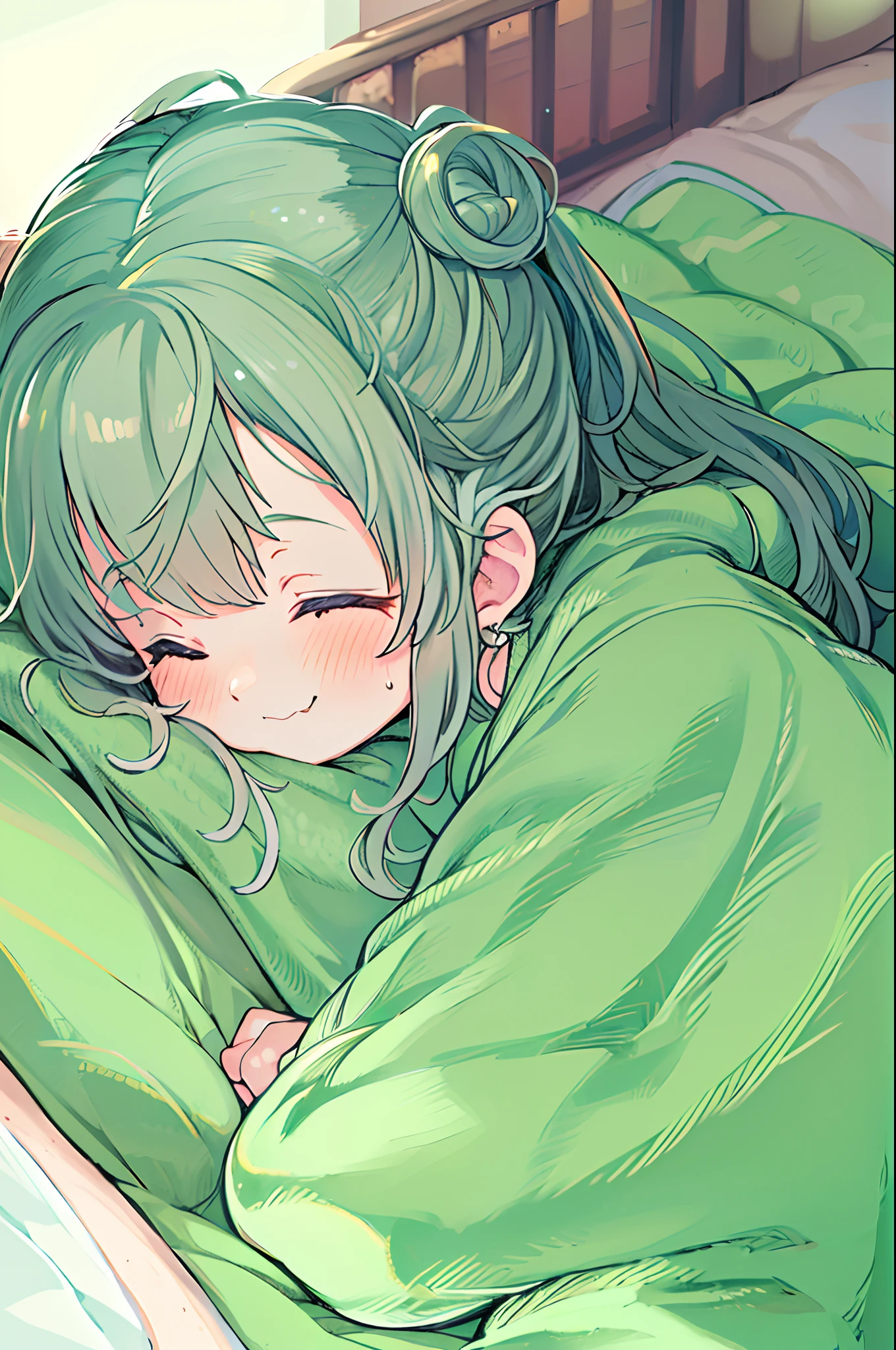 Anime girl lying on bed with green sheets and green blanket, Cute anime girl, cute kawaii girl, Cute Anime, extremely cute anime girl face, Anime visuals of cute girls, Cute anime face, (Anime Girl), Lying in bed, sleepy expression, little shy smile, small curvy loli, waking up, lyin in bed, portrait of cute anime girlbabes
