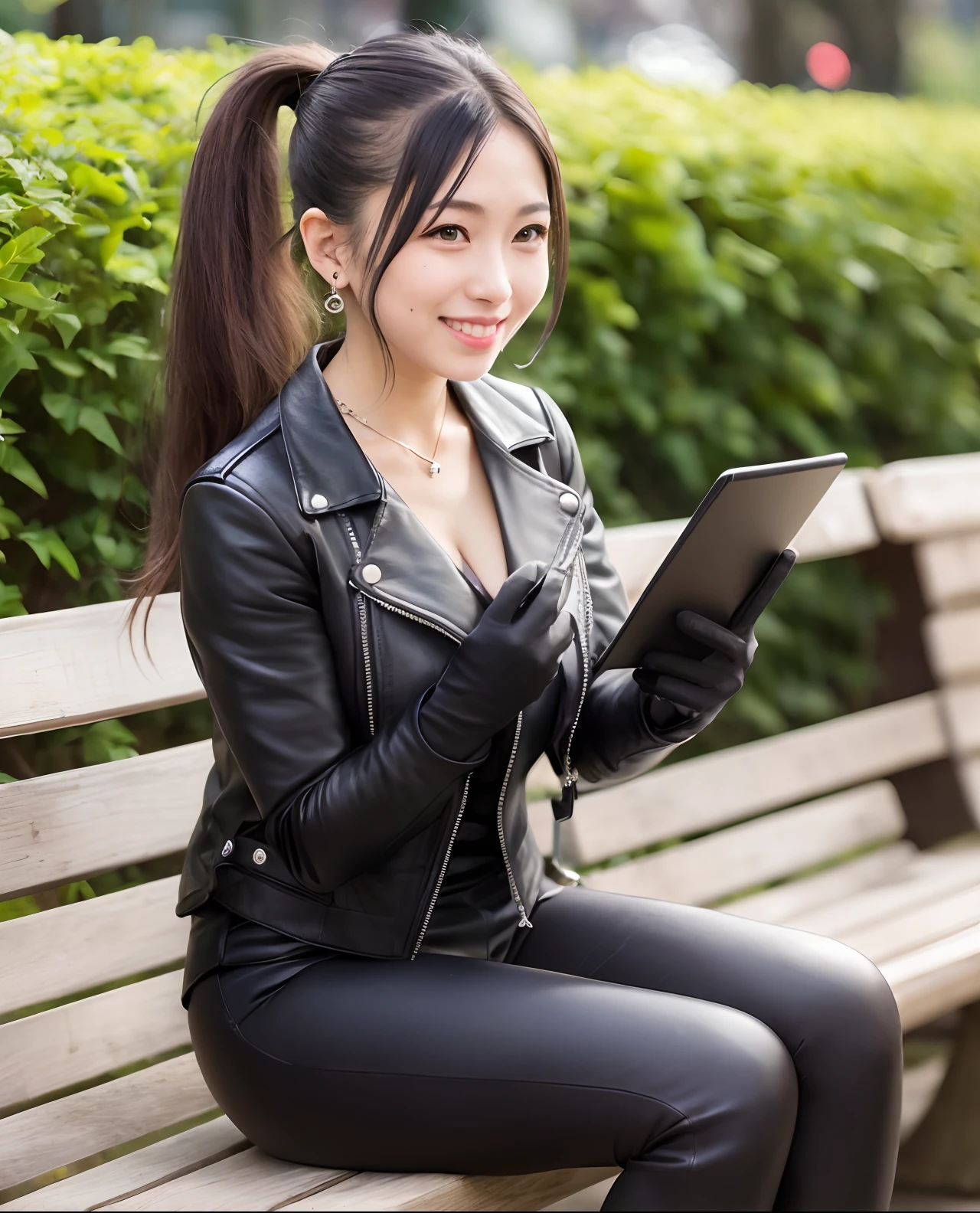 Japanese young cute smiling female secretary, black leather rider's jacket, black leather shirt, black leather skinny pants, black leather long boots, wearing black leather gloves in both hands, 8K, sitting on a summer park bench in the early afternoon, ((with both hands of black leather gloves)), smilingly operate the tablet, necklace, earrings, rider gloves next to it, black leather gloves on both hands, black hair ponytail