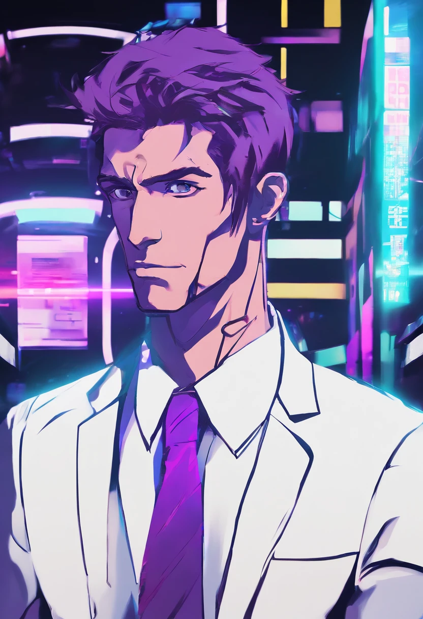 ((Skinny, lanky, normal, mid-30s, unshaven, white, ((American, pale skin, english)), male, businessman wearing a basic suit and tie, nose ring, tired, unhappy)), cowboy shot, (black short shaggy hair with purple highlights), ((office background)), (highly detailed photo realistic), sharp focus, ultra high quality, vibrant, masterpiece, (cinematic lighting), ((male))