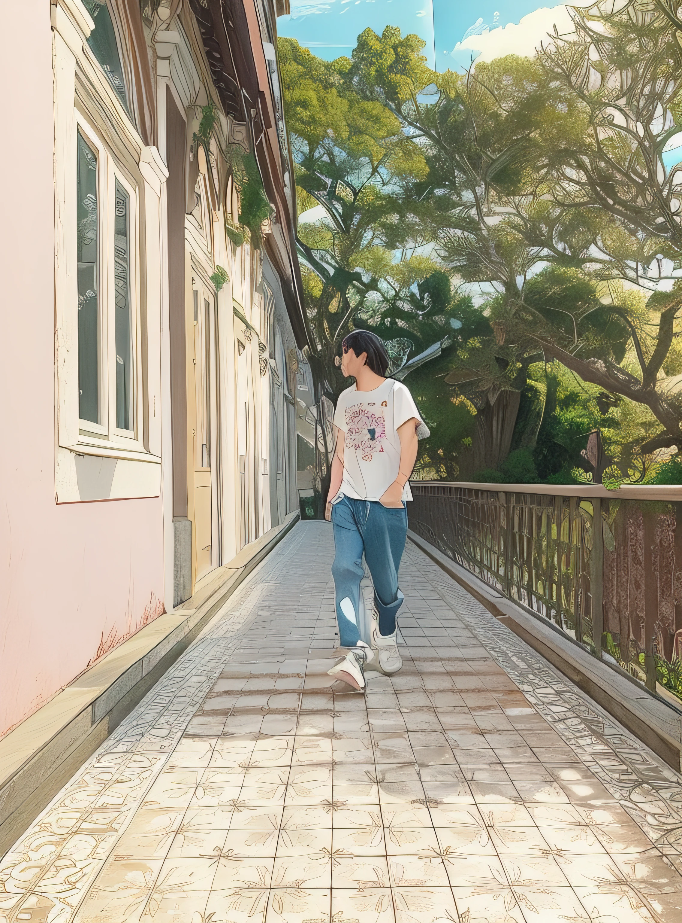 A Anime style draw of a boy walking in a vintage tile ground with a 1800s vintage European light pink house, the boy is wearing white t-shirt with vintage jeans and a gray nike dunk sneaker, the background is a magical garden tree with blue sky and golden sun, beautiful image, beautiful anime, perfect anime scene, aesthetic anime scene, studio Ghibli style.
