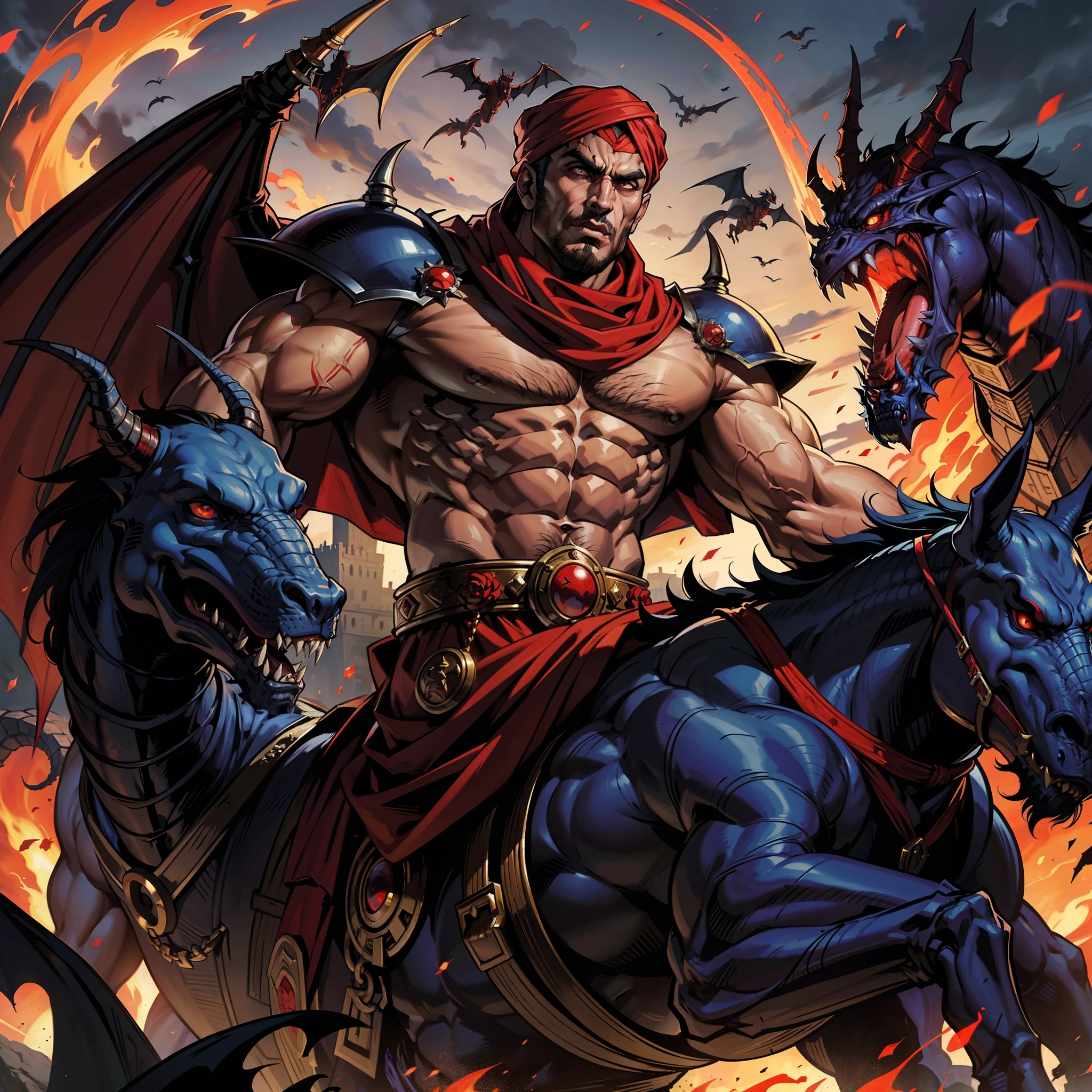 Super Detailed Dynamic Shot of Lord Dracula's Centerpiece Medieval Arab Warrior with a Red Turban Scary Face Hokuto No Ken Structure Muscular Face Kenshiro riding a legendary fire dragon Scary dragon marching with his Moroccan army