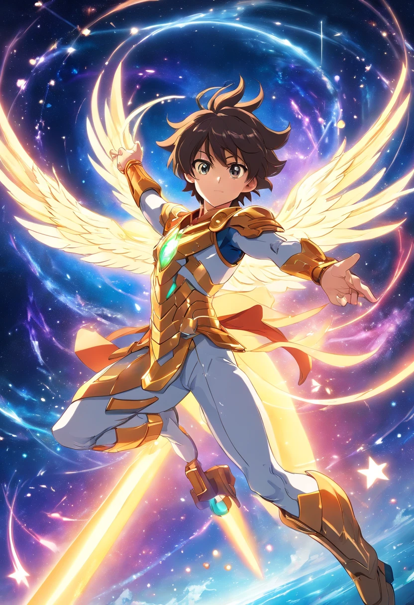 Uma imagem com Kouga, o protagonista de Saint Seiya Omega. Ele tem cabelos vermelhos e uma armadura vermelha e branca, with a golden symbol on his chest. He has a determined and confident expression. He's in a combat pose, with clenched fists and outstretched arms. He is surrounded by an aura of cosmic energy, which is shaped like a constellation of Pegasus.