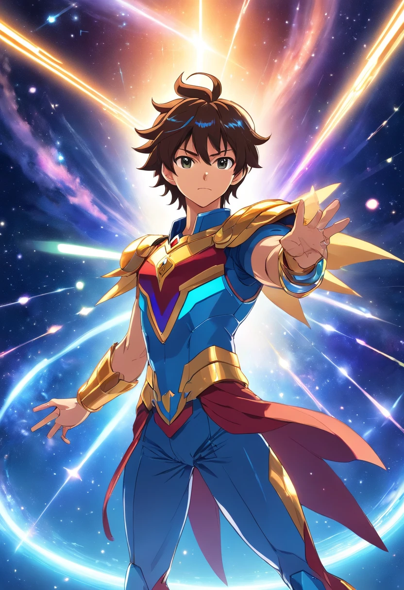 Uma imagem com Kouga, o protagonista de Saint Seiya Omega. Ele tem cabelos vermelhos e uma armadura vermelha e branca, with a golden symbol on his chest. He has a determined and confident expression. He's in a combat pose, with clenched fists and outstretched arms. He is surrounded by an aura of cosmic energy, which is shaped like a constellation of Pegasus.