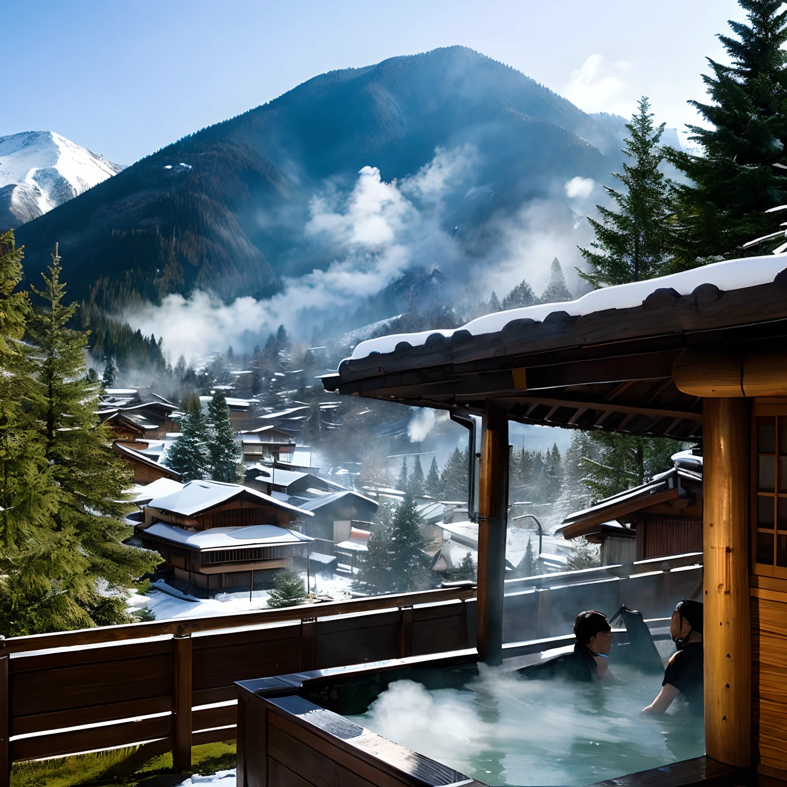 Open-air bath covered with mountain snow、hot onsen、A Japanese style、conifer、steampunc、steamy、landscapes、People don't draw、No humans