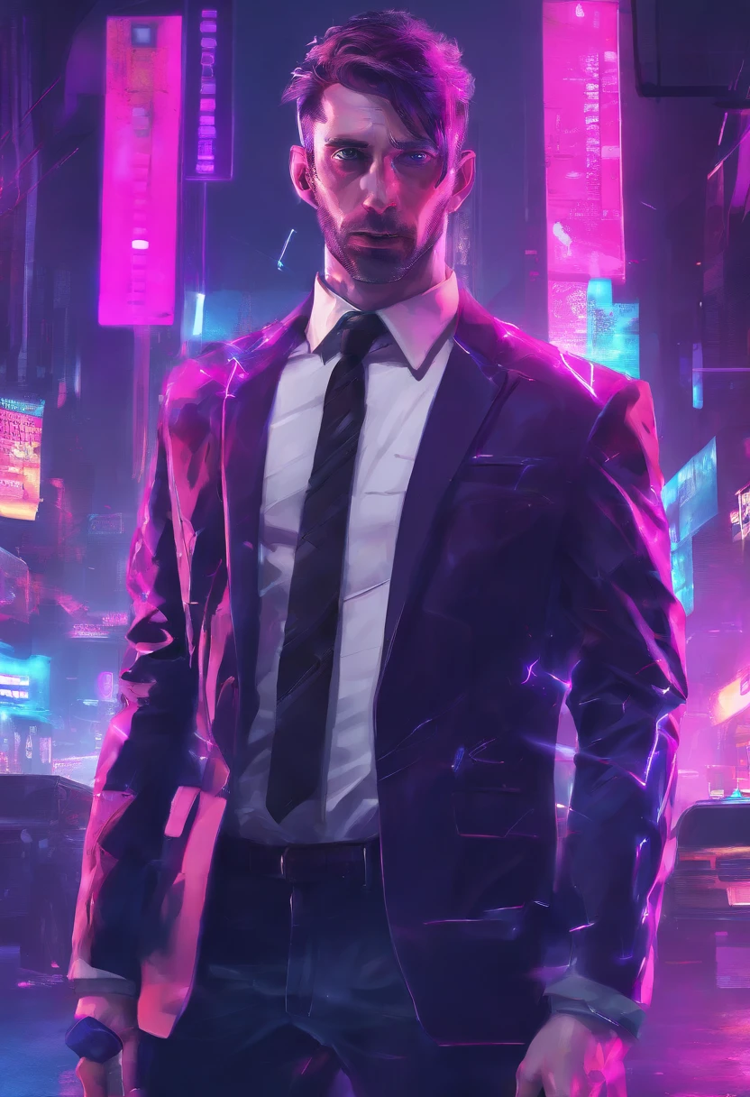 ((Skinny, lanky, normal, mid-30s, unshaven, white, ((American, pale skin, english)), male, businessman wearing a basic suit and tie, nose ring, tired, unhappy)), cowboy shot, (black short shaggy hair with purple highlights), ((office background)), (highly detailed photo realistic), sharp focus, ultra high quality, vibrant, masterpiece, (cinematic lighting), ((male))