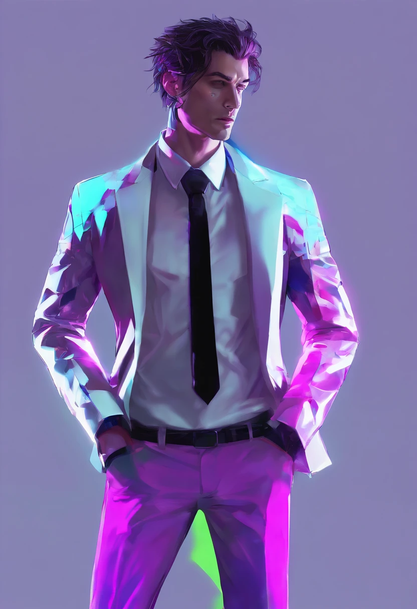 ((Skinny, lanky, normal, mid-30s, unshaven, white, ((American, pale skin, english)), male, businessman wearing a basic suit and tie, nose ring, tired, unhappy)), cowboy shot, (black short shaggy hair with purple highlights), ((office background)), (highly detailed photo realistic), sharp focus, ultra high quality, vibrant, masterpiece, (cinematic lighting), ((male))