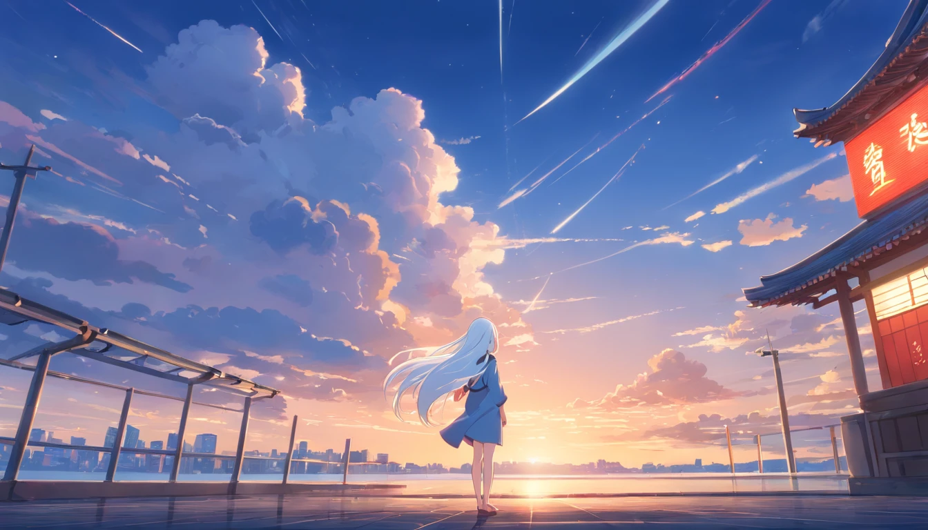 Chinese ink style，Hyper-detailing，comic strip，China-style，starrysky，highly detailed surreal vfx，Smudge，Faraway view，super-fine，ultra - detailed，high quality，8K ，behind view, (1girl, very long white hair), standing alone