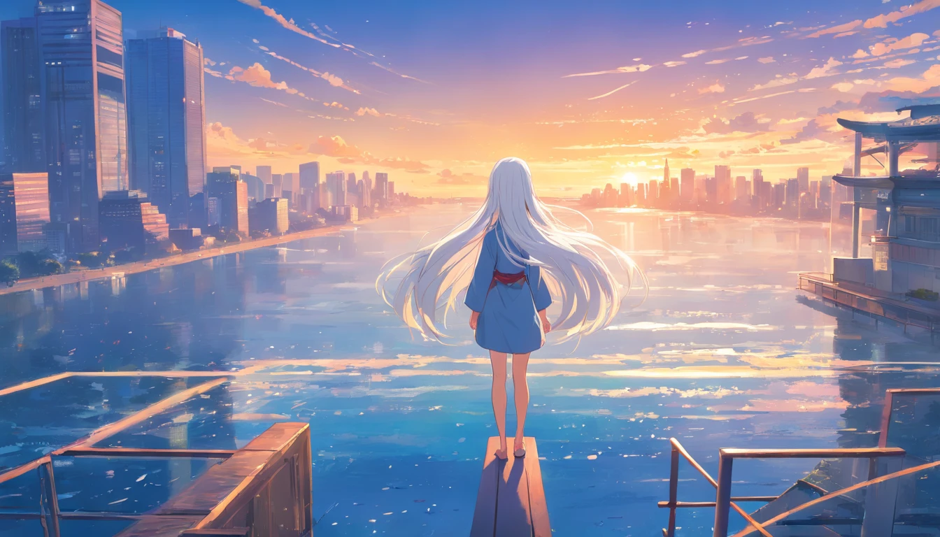 Chinese ink style，Hyper-detailing，comic strip，China-style，starrysky，highly detailed surreal vfx，Smudge，Faraway view，super-fine，ultra - detailed，high quality，8K ，behind view, (1girl, very long white hair), standing alone