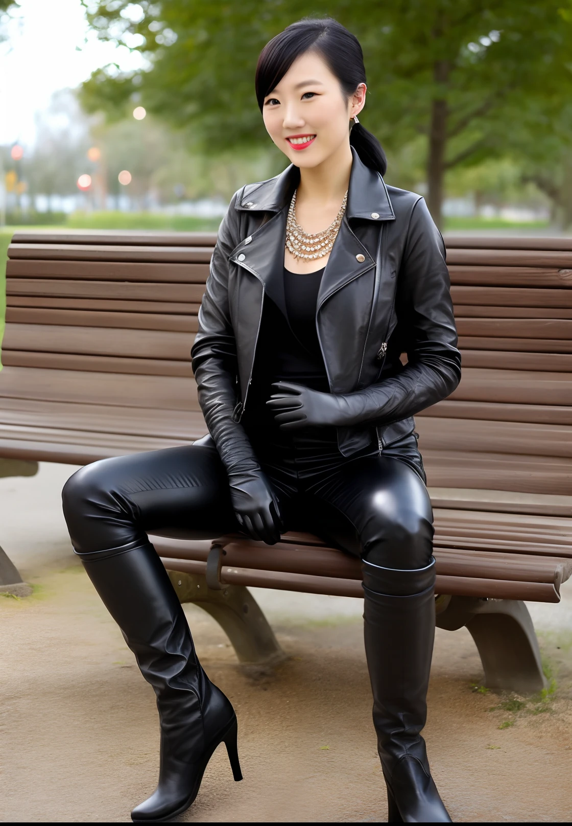 Japanese young cute smiling female secretary, black leather rider's jacket, black leather shirt, black leather skinny pants, black leather long boots, wearing black leather gloves in both hands, 8K, sitting on a summer park bench in the early afternoon, ((with both hands of black leather gloves)), smilingly operate the tablet, necklace, earrings, rider gloves next to it, black leather gloves on both hands, black hair ponytail