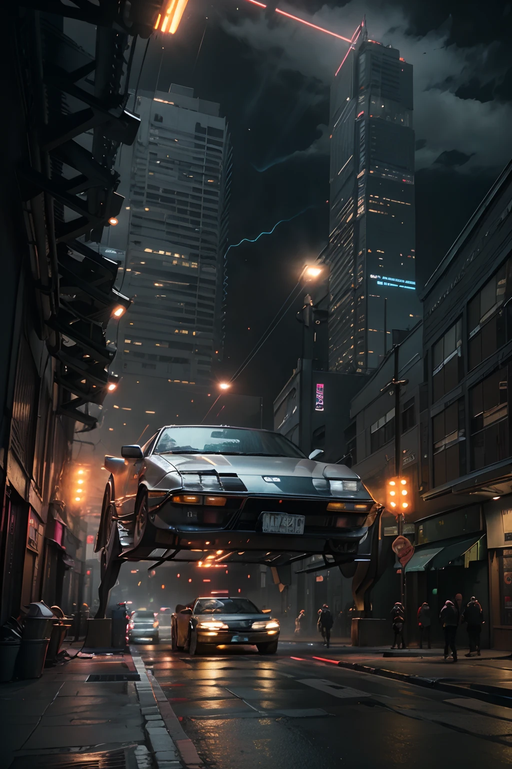 Cyberpunk Blade Runner cityscape street scene with towering skyscrapers, ((glowing neon signs)) and LED lights, Delorean with fire trails, traffic with (futuristic cyberpunk cars) and flying cars in the sky, bright colors contrasting with dark atmosphere, (cinematic lighting), extremely detailed.