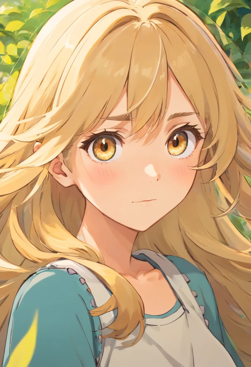una chica anime rubia, con el pelo tomado y ojos marrones, con cara molesta, feliz, triste y seria , bajita