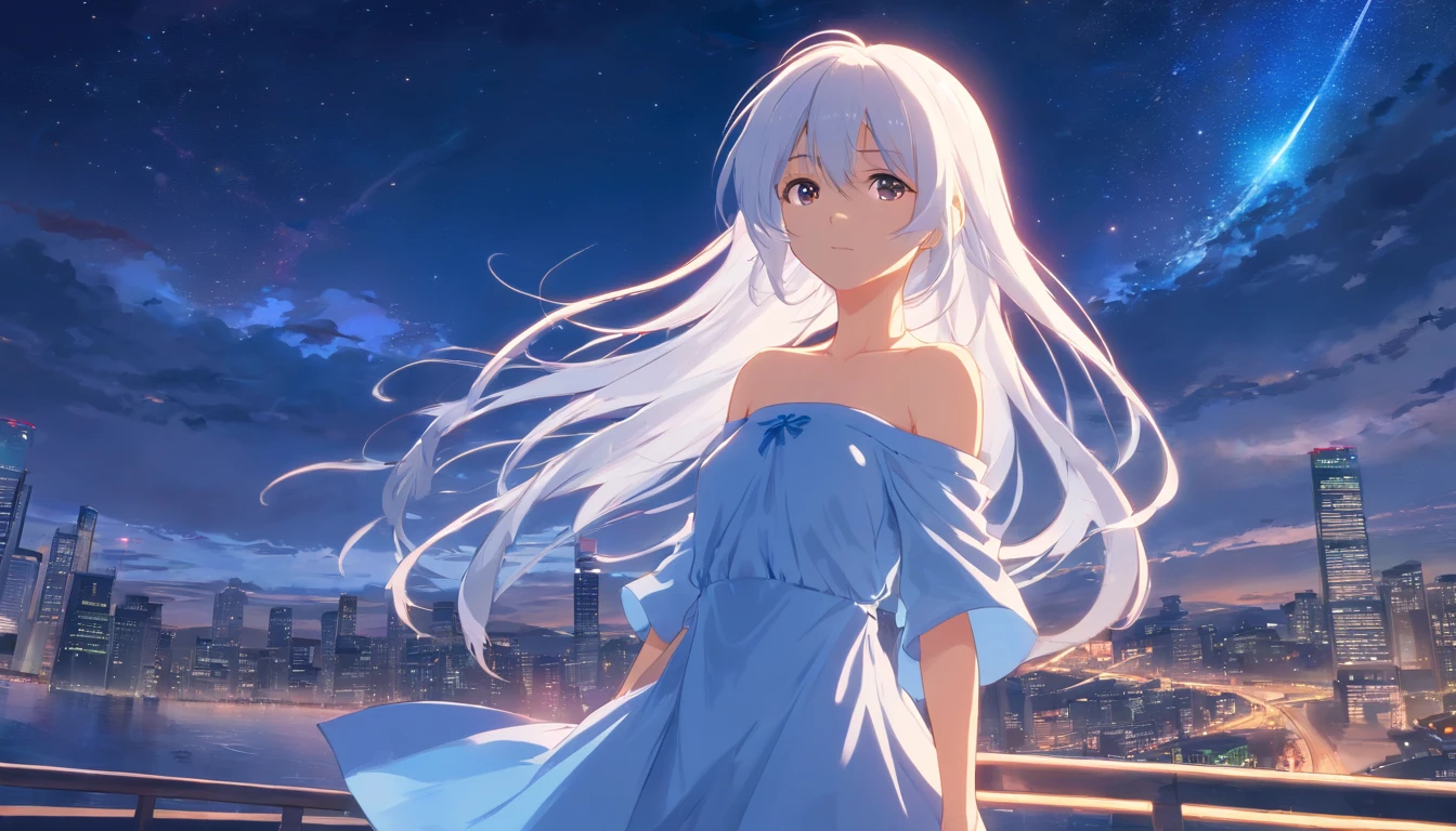 Chinese ink style,Hyper-detailing,comic strip,China-style,starrysky,highly detailed surreal vfx,Smudge,Faraway view,super-fine,ultra - detailed,high quality,8K ,behind view, (1girl, very long white hair), standing alone, (off-shoulder dress)