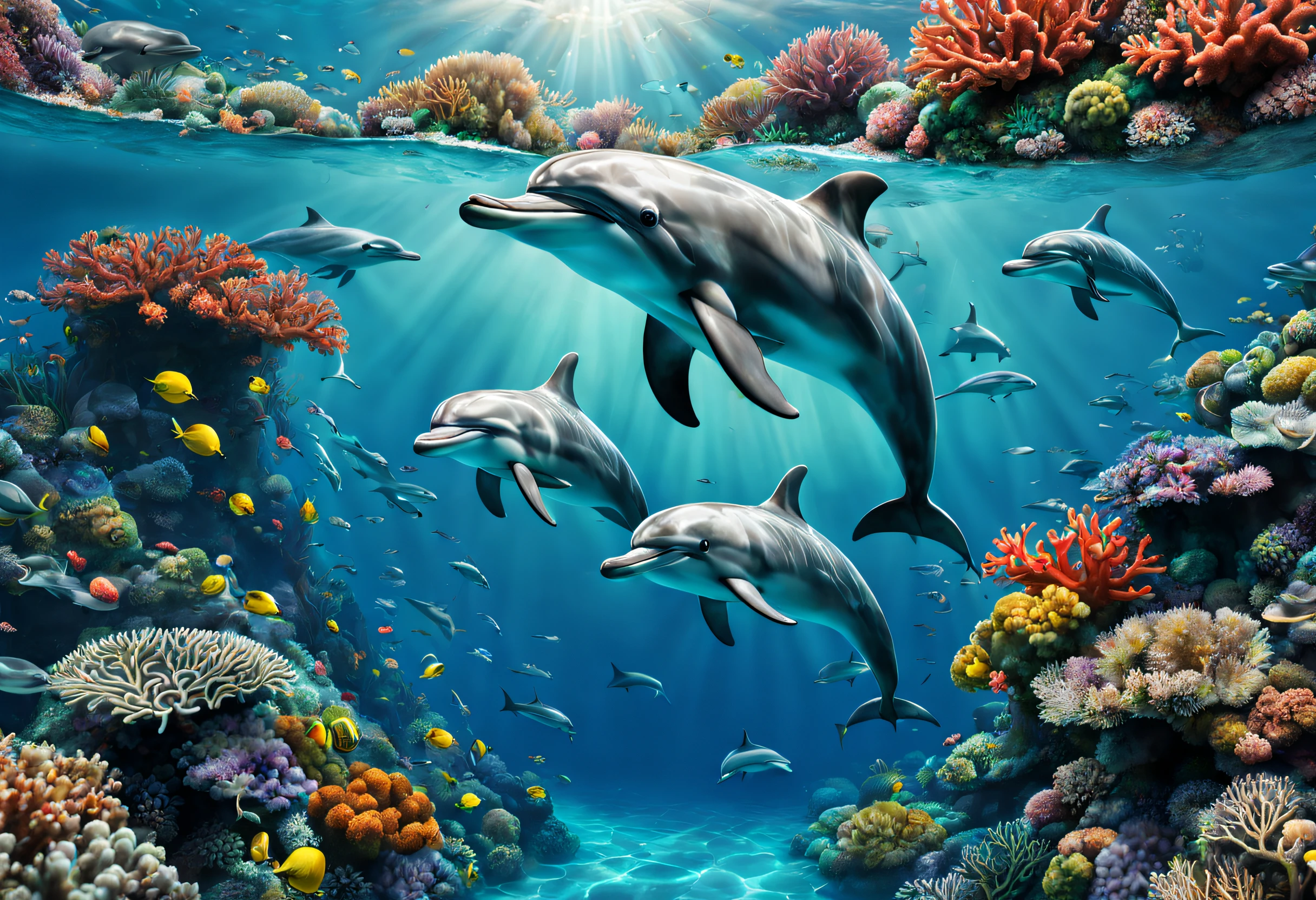 (highres:1.2),realistic,photorealistic:1.37,dolphins swimming in a sea full of beautiful corals