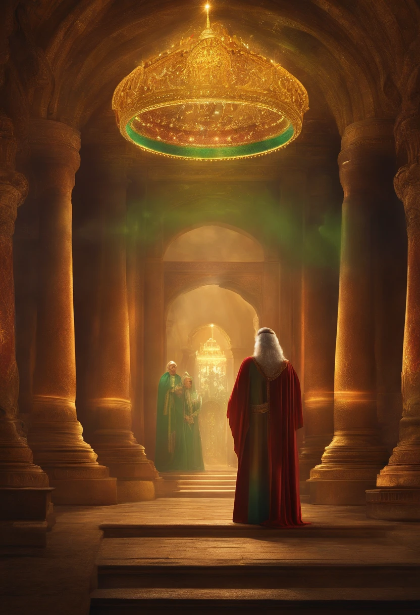 sky and surrounded by an aura of bright light, Ao redor do trono, There's a rainbow that shines like emerald, Quatro seres viventes, frequentemente interpretados como querubins, There are 24 elders who stand before the throne dressed in white and wearing golden crowns,
