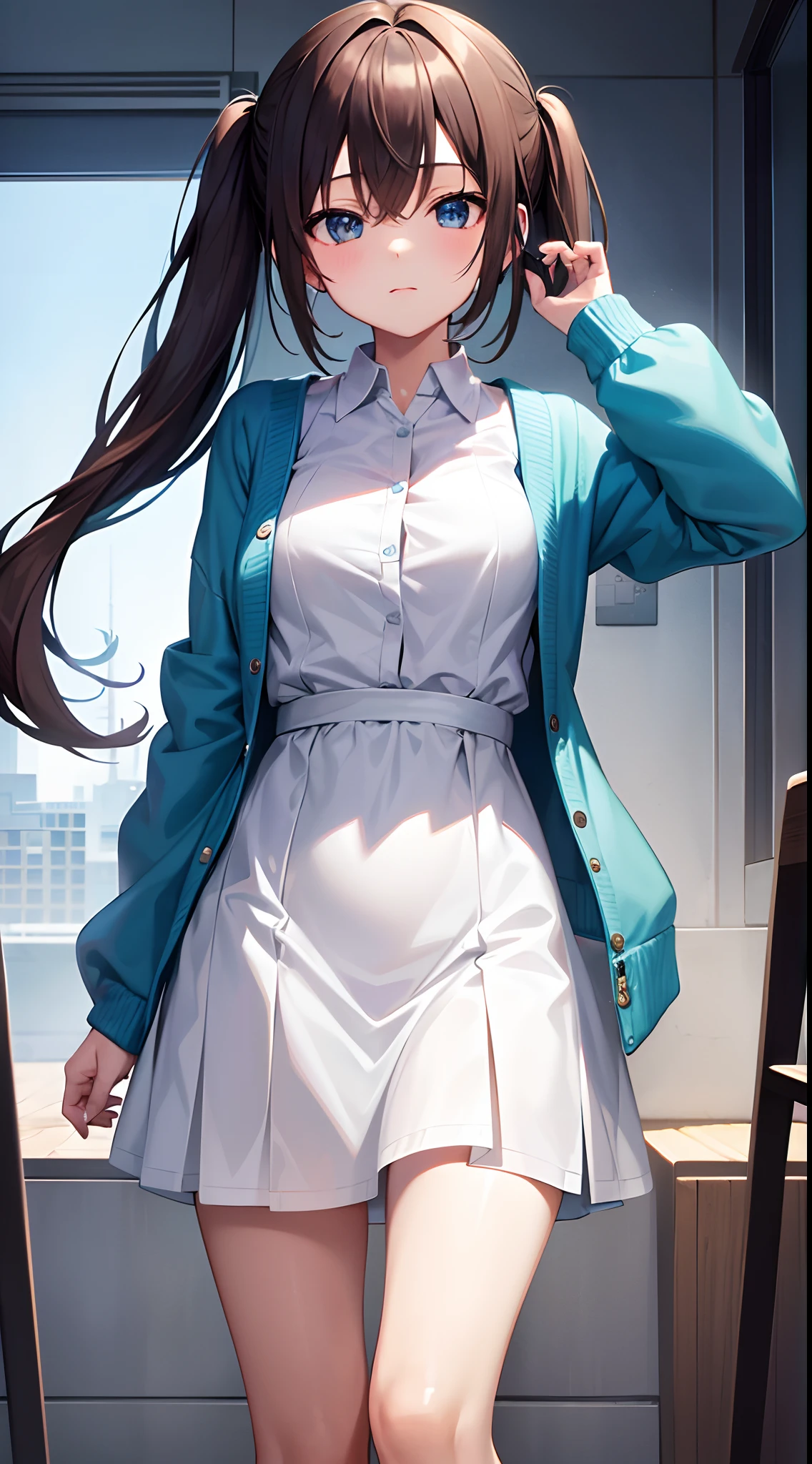 absurdres, best quality, 1girl, solo, eye focus, looking at viewer, Miku, Blue Cardigan, brown hair