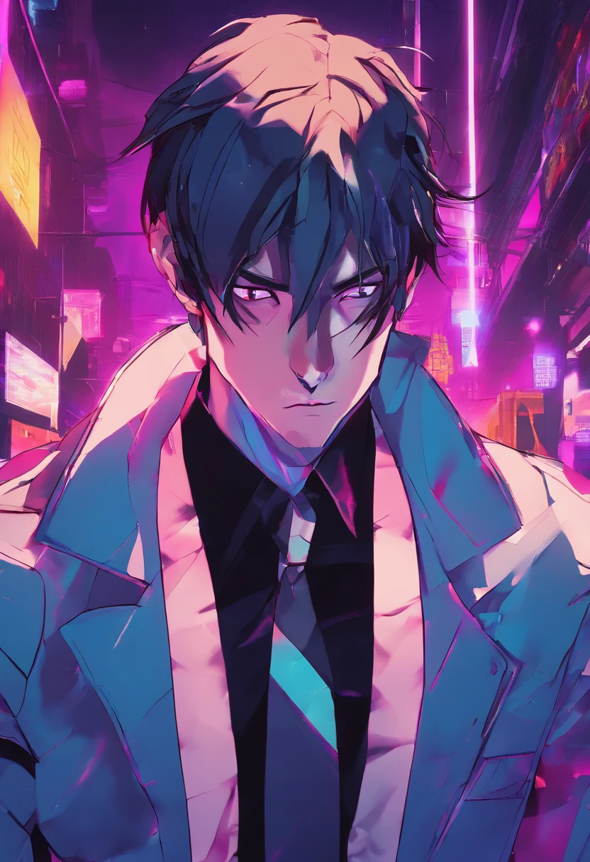 ((Skinny, lanky, normal, mid-30s, unshaven, white, ((American, pale skin, english)), male, businessman wearing a basic suit and tie, nose ring, tired, unhappy)), cowboy shot, (black short shaggy hair with purple highlights), ((sitting in their house)), (highly detailed photo realistic), sharp focus, ultra high quality, vibrant, masterpiece, (cinematic lighting), ((male))