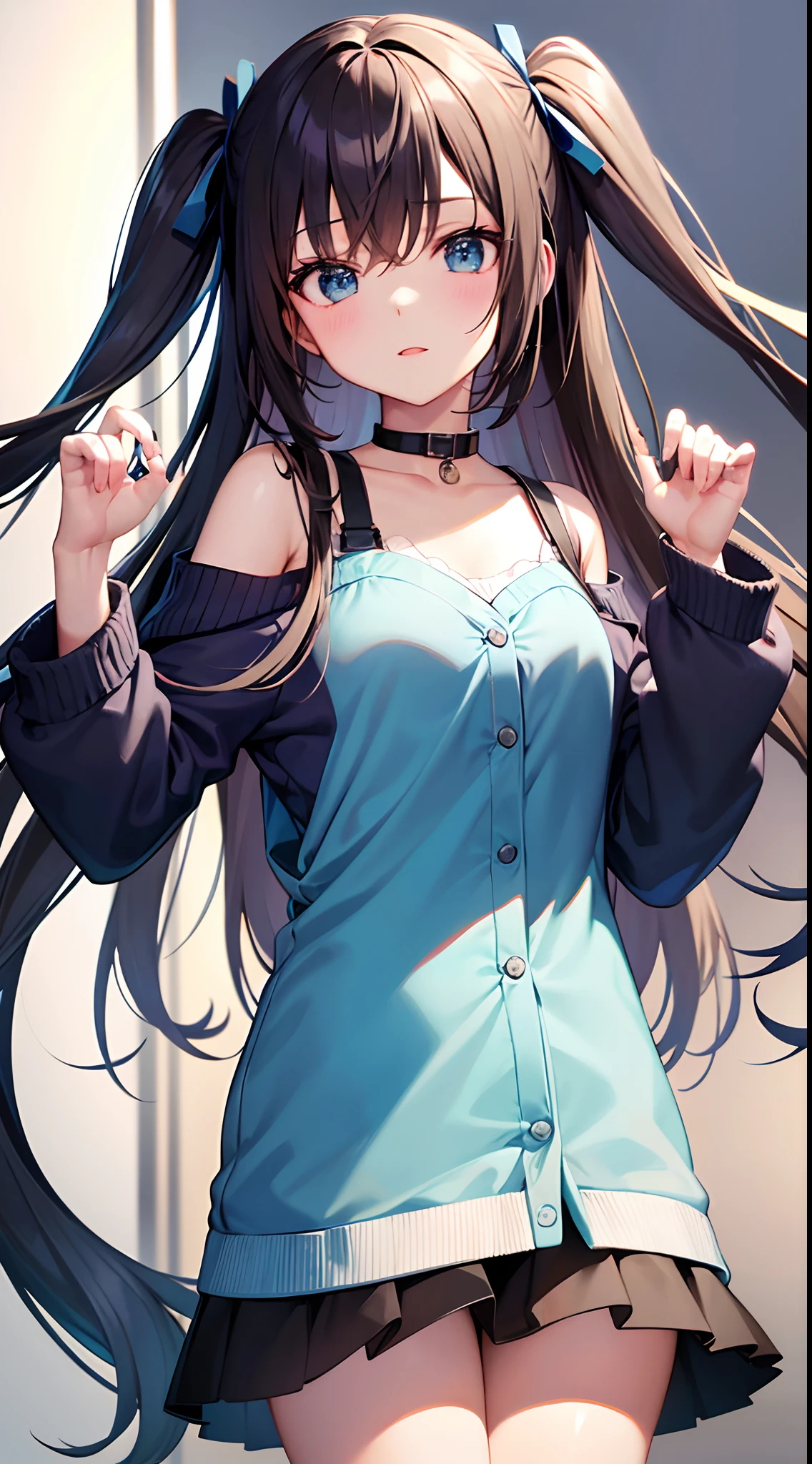 absurdres, best quality, 1girl, solo, eye focus, looking at viewer, Miku, Blue Cardigan, brown hair