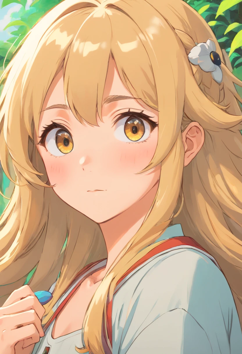 una chica anime rubia, con el pelo tomado y ojos marrones, con cara molesta, feliz, triste y seria , bajita
y dibuala a cuerpo completo