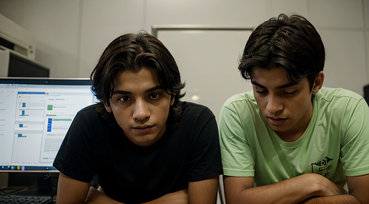 DOIS GAROTOS DE 18 ANOS, AMIGOS, PESQUISANDO NO COMPUTADOR OLHANDOP PARA O COMPUTADOR