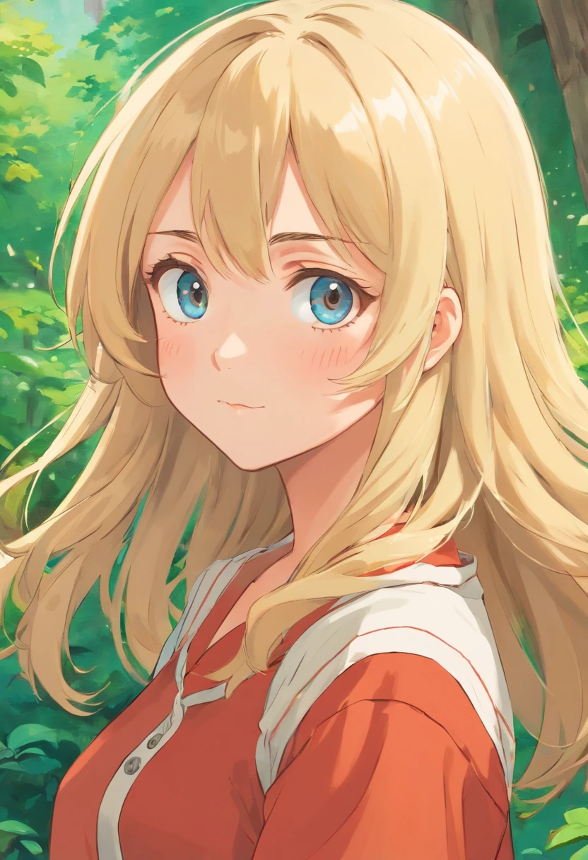 una chica anime rubia, con el pelo tomado y ojos marrones, con cara molesta, feliz, triste y seria , bajita y dibuja su cuerpo