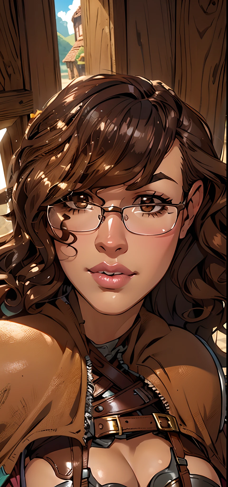 Solo, female, dark brown hair, ((glasses, wavy hair, brown eyes)), lips, thick lips, pink lips, ((tan skin)), big breasts, looking at viewer, knight, armor, leather armor, cloak, fantasy village