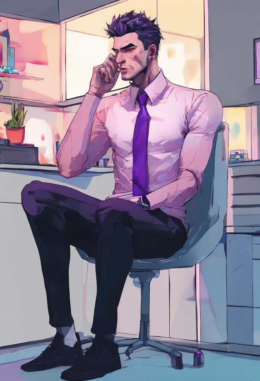 ((Skinny, lanky, normal, mid-30s, unshaven, white, ((American, pale skin, english)), male, businessman wearing a basic suit and tie, nose ring, tired, unhappy)), cowboy shot, (black short shaggy hair with purple highlights), ((sitting in their house)), (highly detailed photo realistic), sharp focus, ultra high quality, vibrant, masterpiece, (cinematic lighting), ((male))