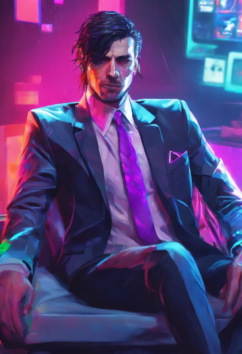 ((Skinny, lanky, normal, mid-30s, unshaven, white, ((American, pale skin, english)), male, businessman wearing a basic suit and tie, nose ring, tired, unhappy)), cowboy shot, (black short shaggy hair with purple highlights), ((sitting in their house)), (highly detailed photo realistic), sharp focus, ultra high quality, vibrant, masterpiece, (cinematic lighting), ((male))