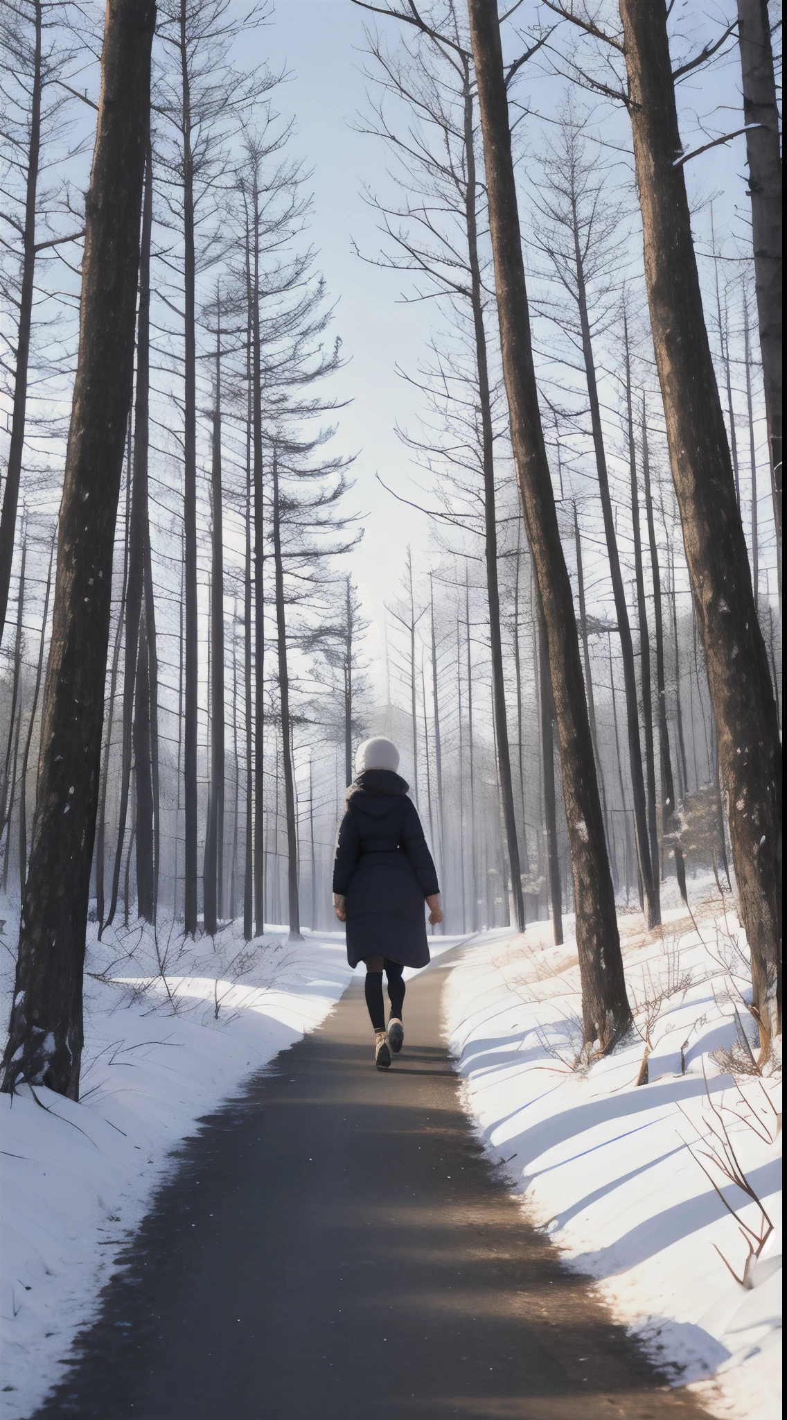 Woman walking down a path thru a winter forest