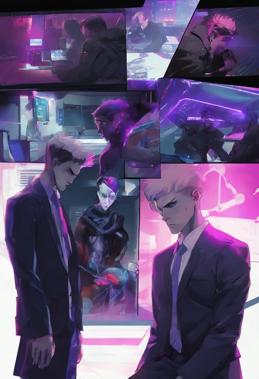 ((Skinny, lanky, normal, mid-30s, unshaven, white, ((American, pale skin, english)), male, businessman wearing a basic suit and tie, nose ring, tired, unhappy)), cowboy shot, (black short shaggy hair with purple highlights), ((sitting in their house)), (highly detailed photo realistic), sharp focus, ultra high quality, vibrant, masterpiece, (cinematic lighting), ((male))