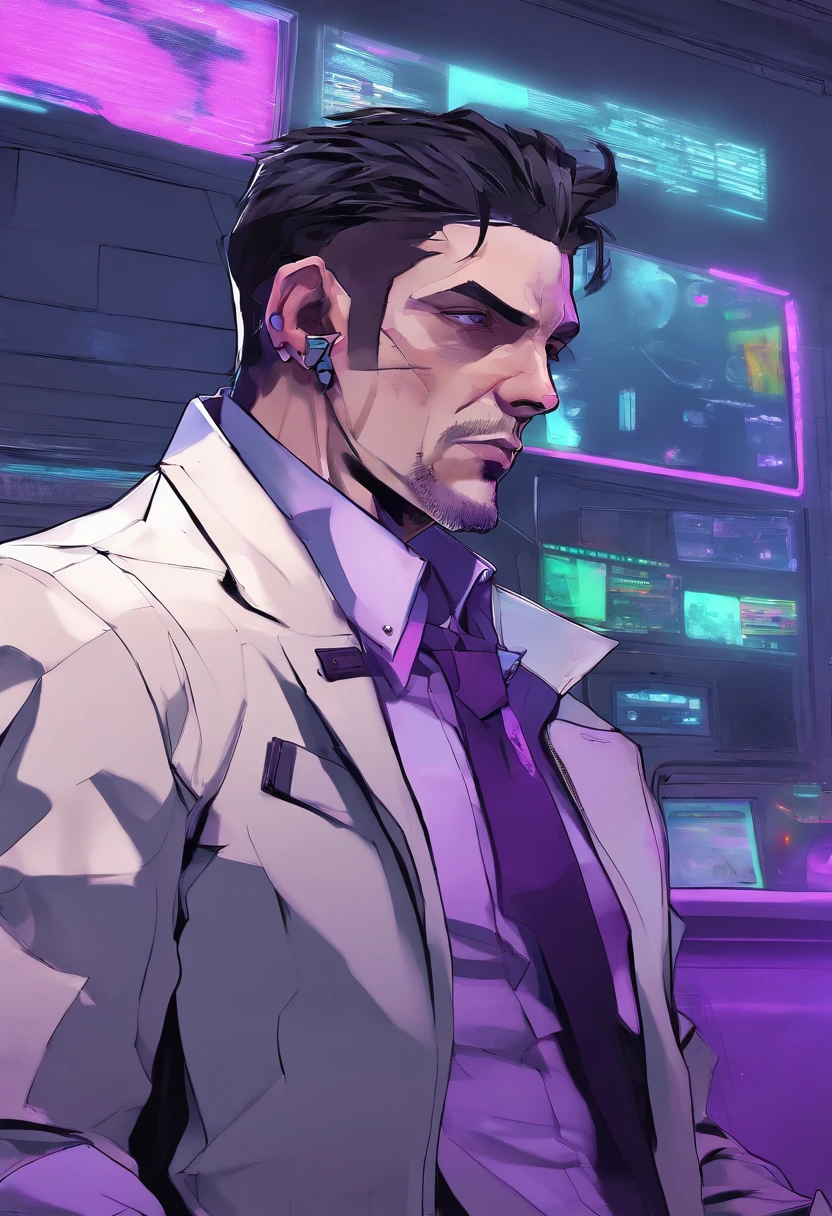((Skinny, lanky, normal, mid-30s, unshaven, white, ((American, pale skin, english)), male, businessman wearing a basic suit and tie, nose ring, tired, unhappy)), cowboy shot, (black short shaggy hair with purple highlights), ((sitting in their house)), (highly detailed photo realistic), sharp focus, ultra high quality, vibrant, masterpiece, (cinematic lighting), ((male))