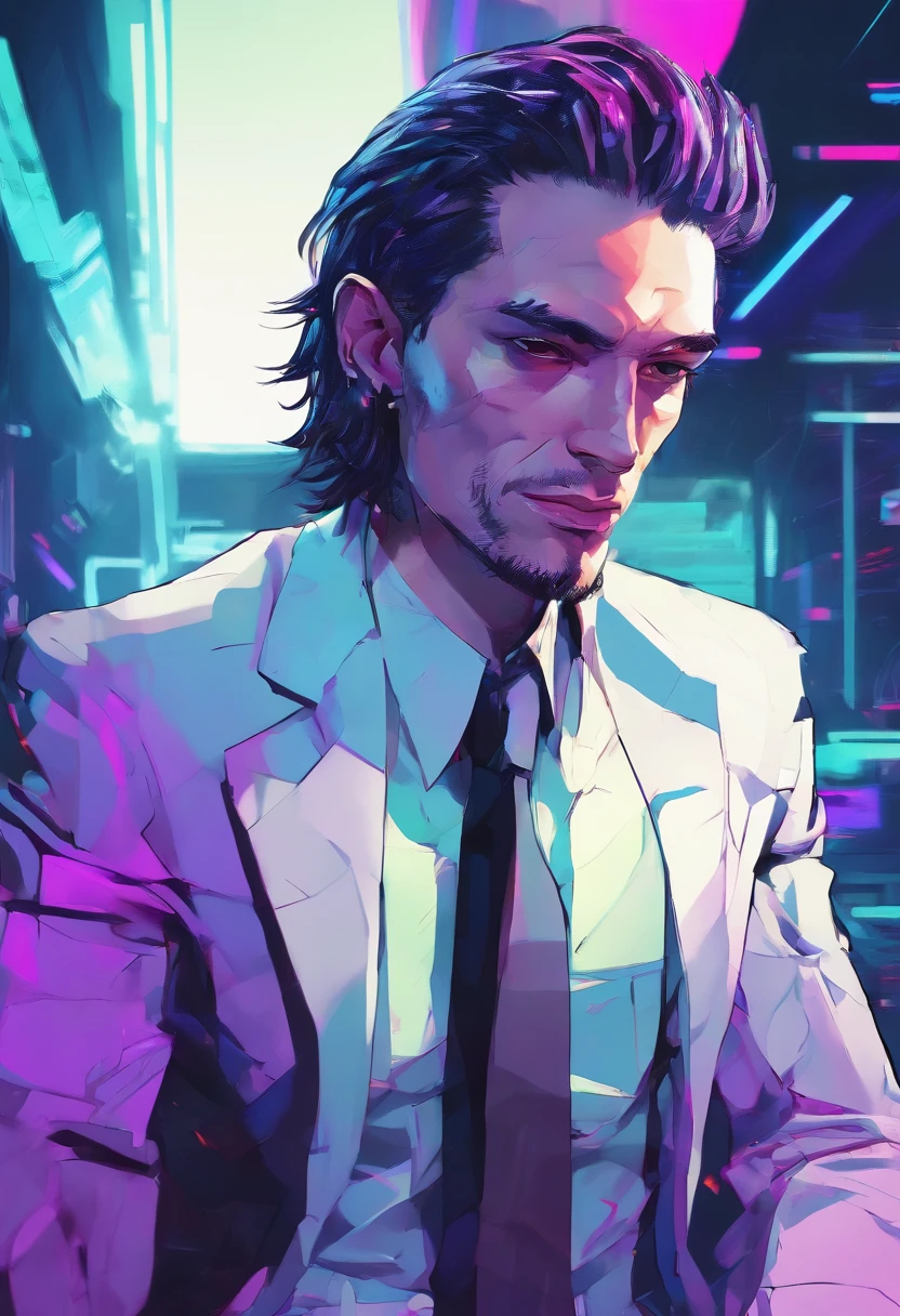 ((Skinny, lanky, normal, mid-30s, unshaven, white, ((American, pale skin, english)), male, businessman wearing a basic suit and tie, nose ring, tired, unhappy)), cowboy shot, (black short shaggy hair with purple highlights), ((sitting in their house)), (highly detailed photo realistic), sharp focus, ultra high quality, vibrant, masterpiece, (cinematic lighting), ((male))