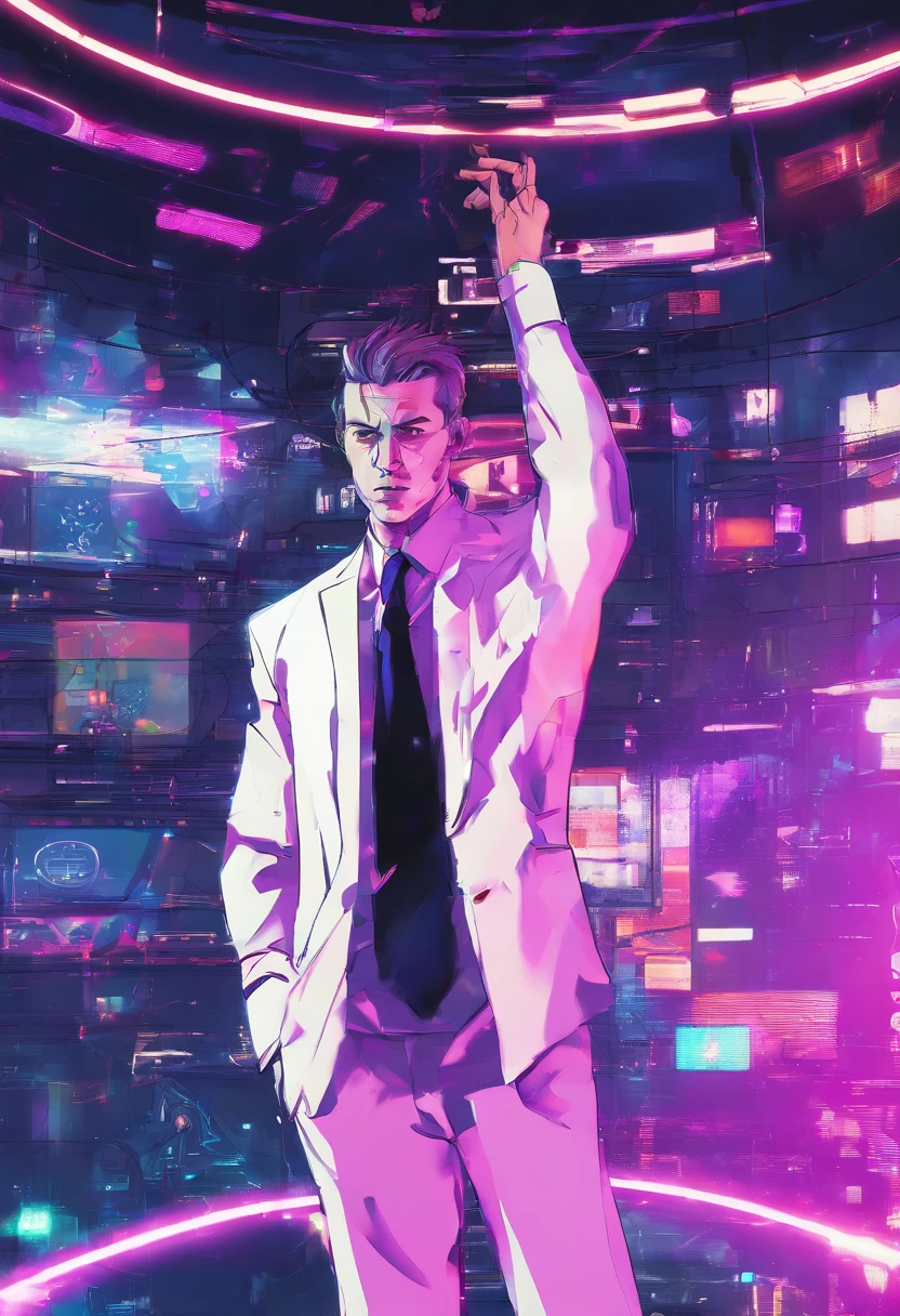 ((Skinny, lanky, normal, mid-30s, unshaven, white, ((American, pale skin, english)), male, businessman wearing a basic suit and tie, nose ring, tired, unhappy)), cowboy shot, (black short shaggy hair with purple highlights), ((sitting in their house)), (highly detailed photo realistic), sharp focus, ultra high quality, vibrant, masterpiece, (cinematic lighting), ((male))