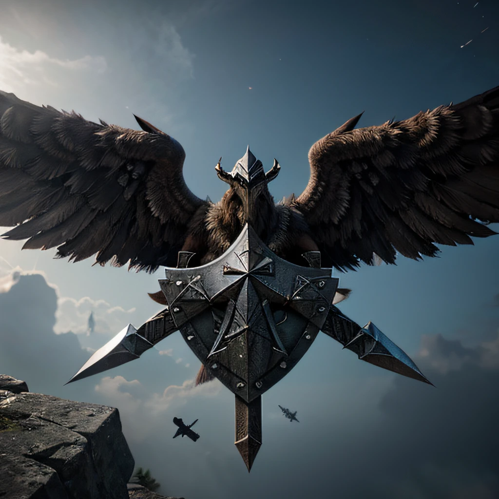 a close up of two crossed axes with wings on a shield, dual wielding axes, viking and templar aesthetics, metal wings, game developer logo