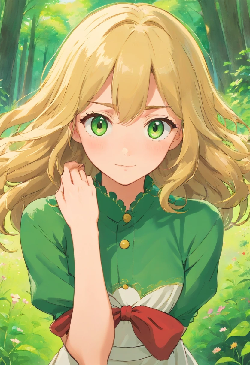 una chica anime rubia, con el pelo tomado y ojos marrones, con cara molesta, feliz, triste y seria , bajita y con un vestido rojo parada sobre un cesped verde