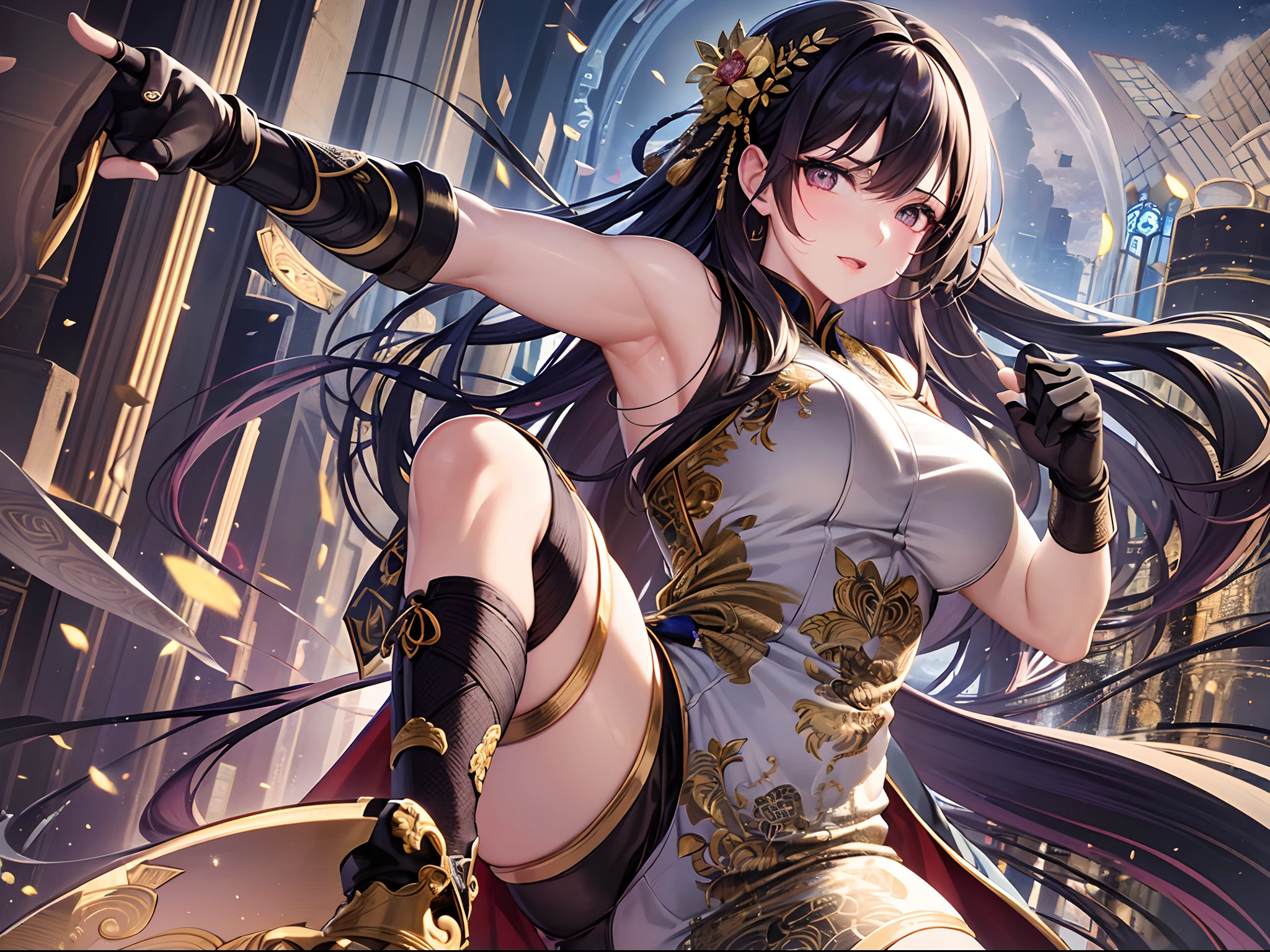 High-quality, good-figure woman, breasts, bare upper body, looking at the audience, elegant temperament, open legs, urine exposed to reveal private parts, hair accessories