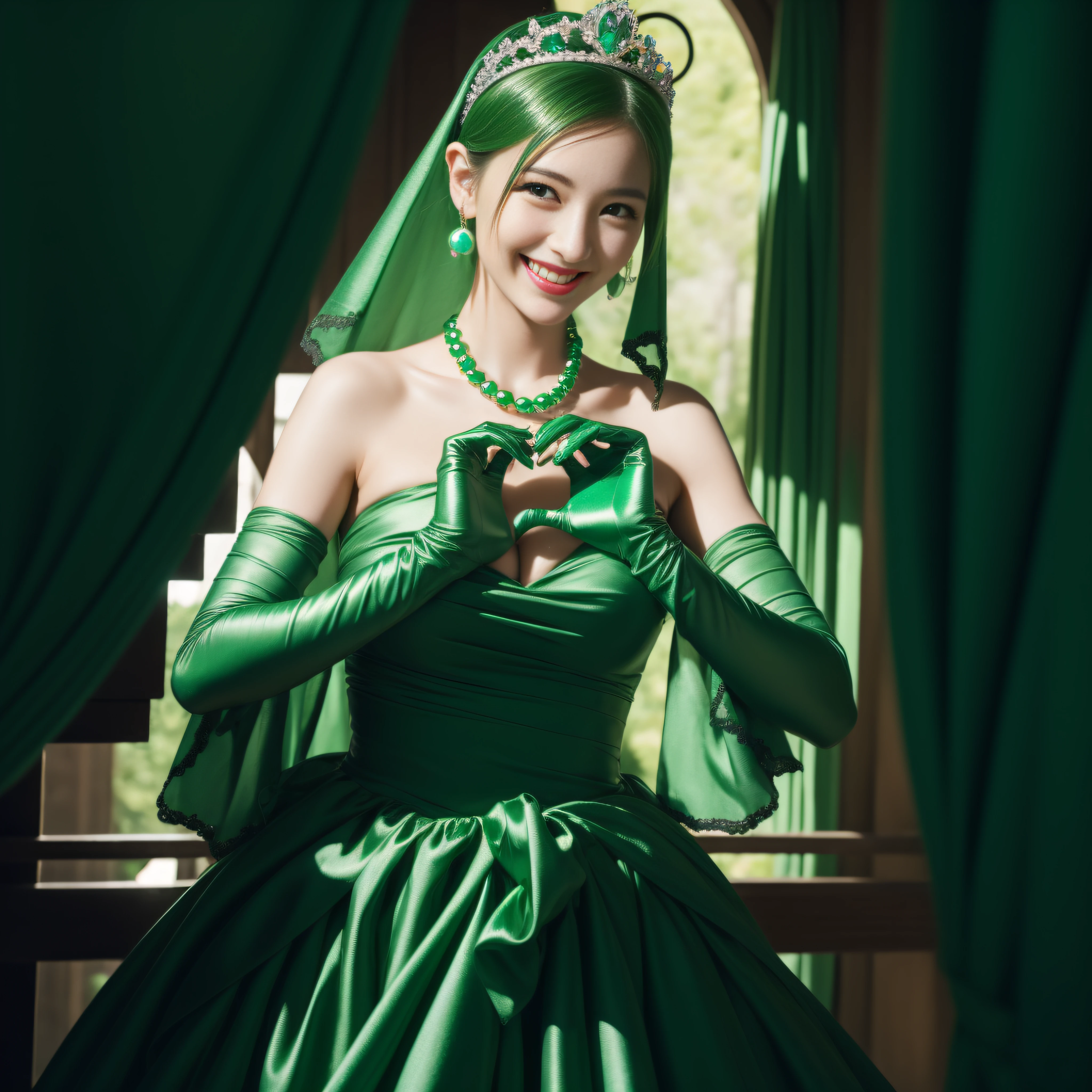 emerald tiara, Green Pearl Necklace, Boyish very short green hair, lipsticks, Japan woman smiling, very short short hair, big breasts beautiful, Green eyes, Long green gloves made of satin material, Green eyes, Emerald Earrings, green vale, Heart with both hands