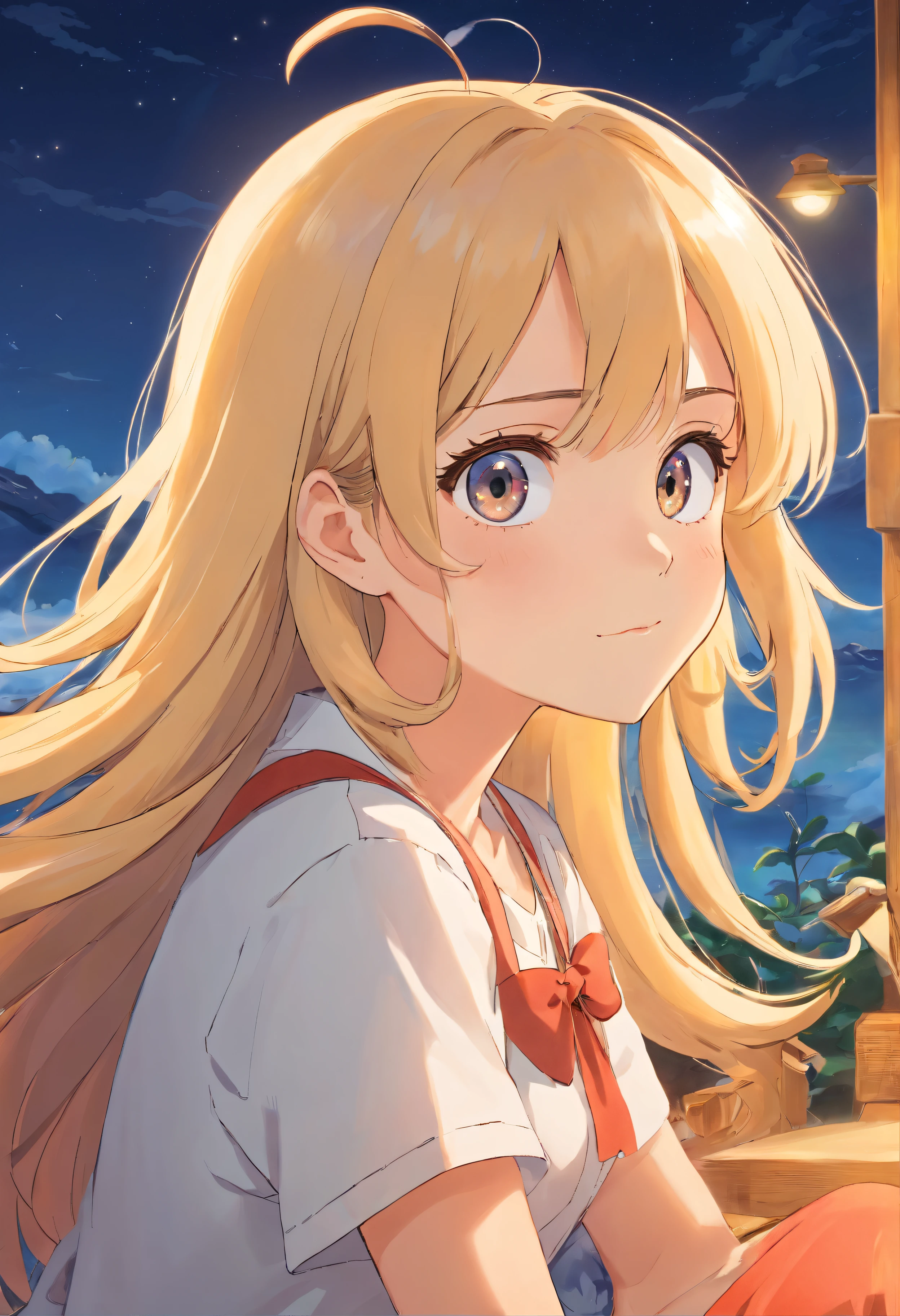 una chica anime rubia, con el pelo tomado y ojos marrones, con cara molesta, feliz, triste y seria , bajita